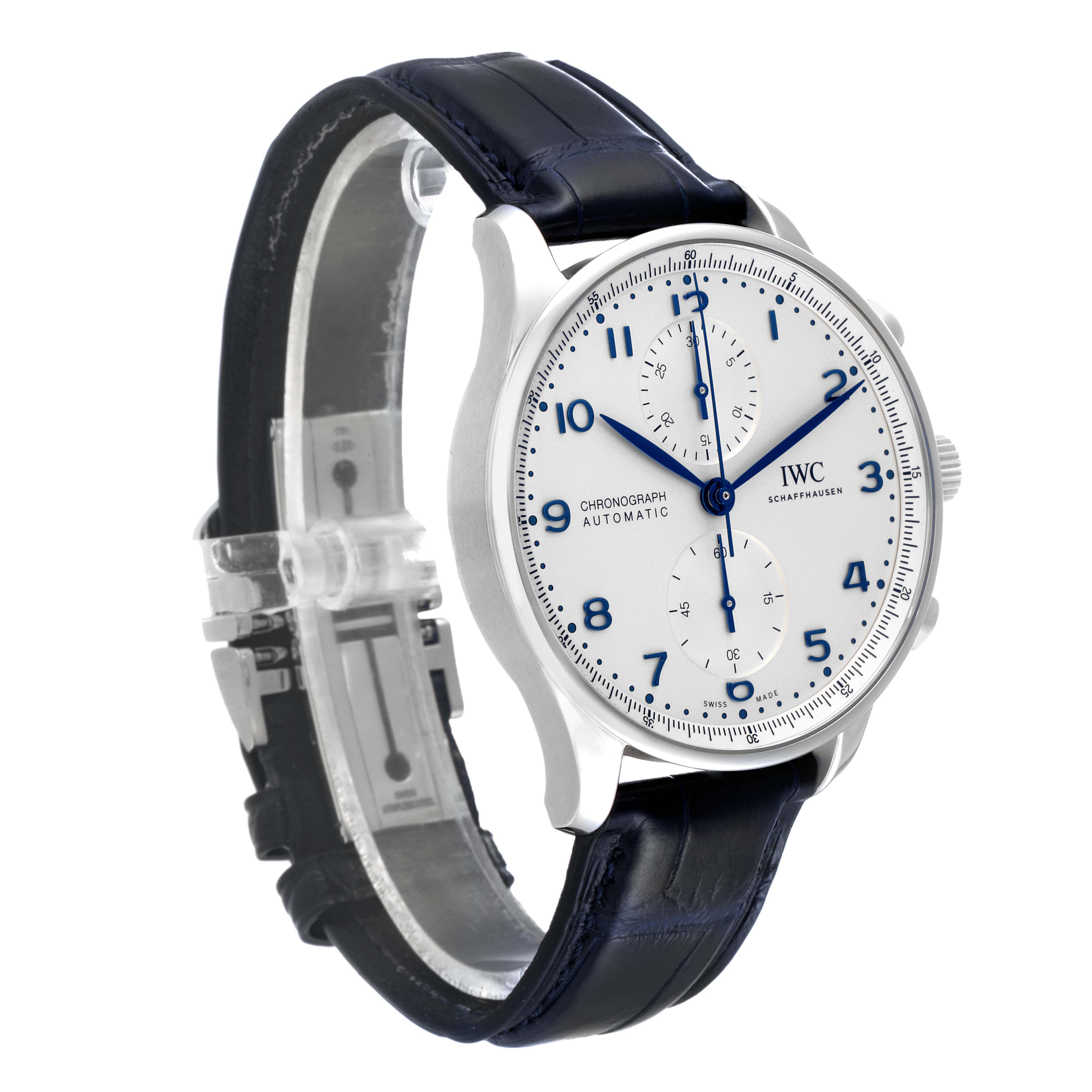 The IWC Portuguese IW371605 Men's Stainless Steel Silver Dial IW371605 Men's Stainless Steel Silver Dial watch is shown at a three-quarter angle, highlighting its face, side, and leather strap.