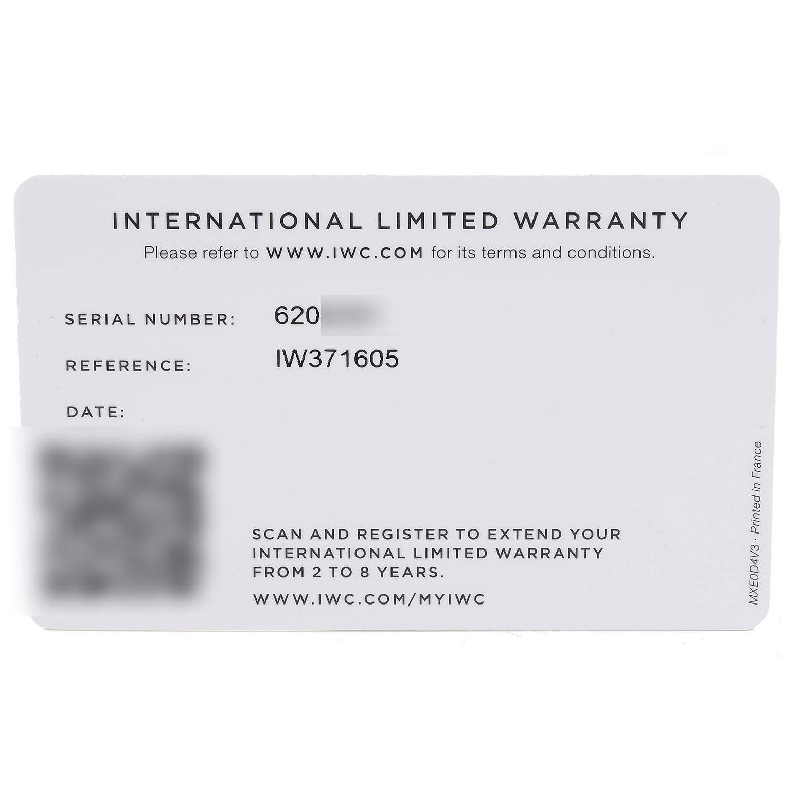 This image shows the International Limited Warranty card for the IWC Portuguese IW371605 Men's Stainless Steel Silver Dial IW371605 Men's Stainless Steel Silver Dial model watch, including the serial number and reference number.