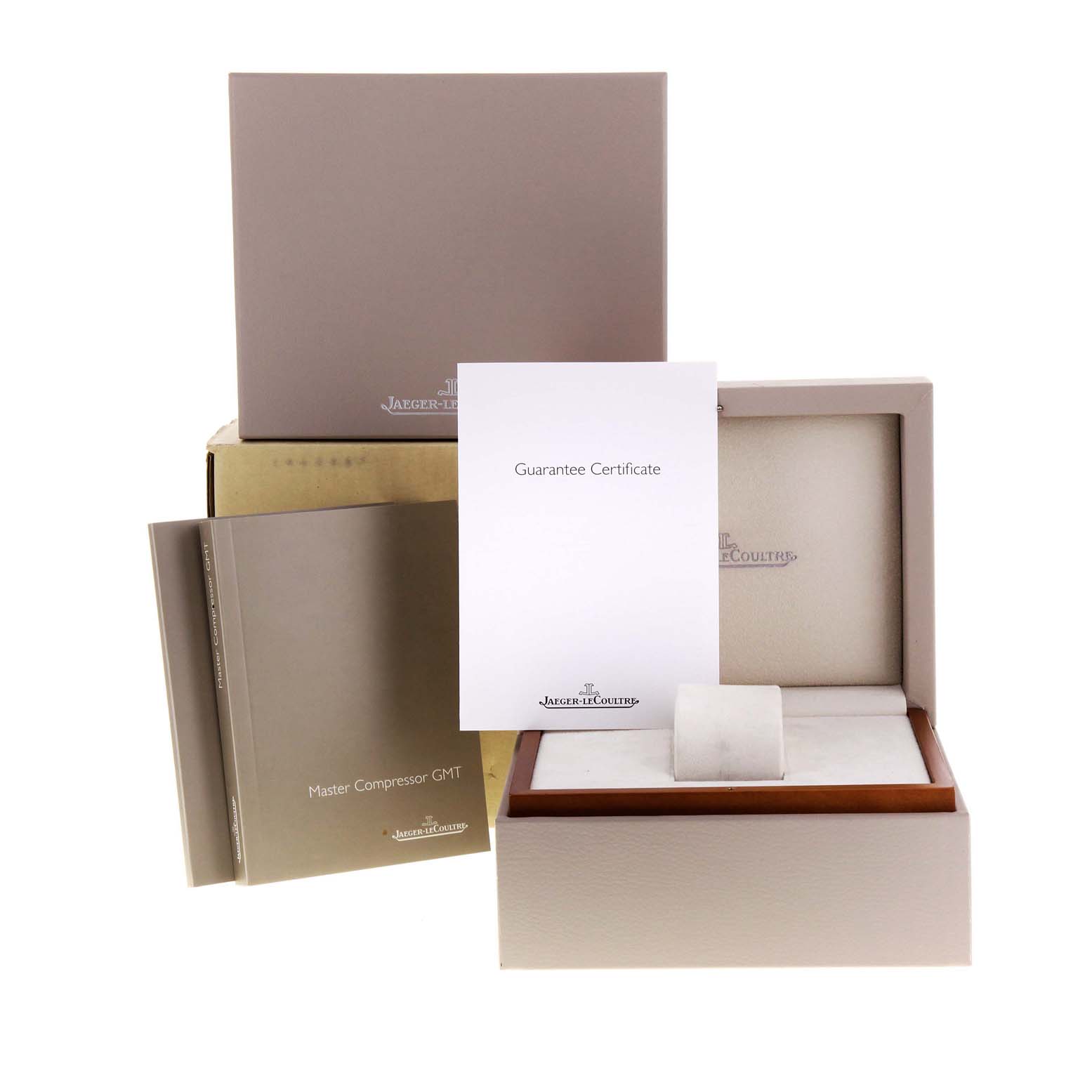 The image shows the Jaeger LeCoultre Master Q1738171 Men's Stainless Steel Black Dial Q1738171 Men's Stainless Steel Black Dial model watch packaging, manuals, and guarantee certificate.