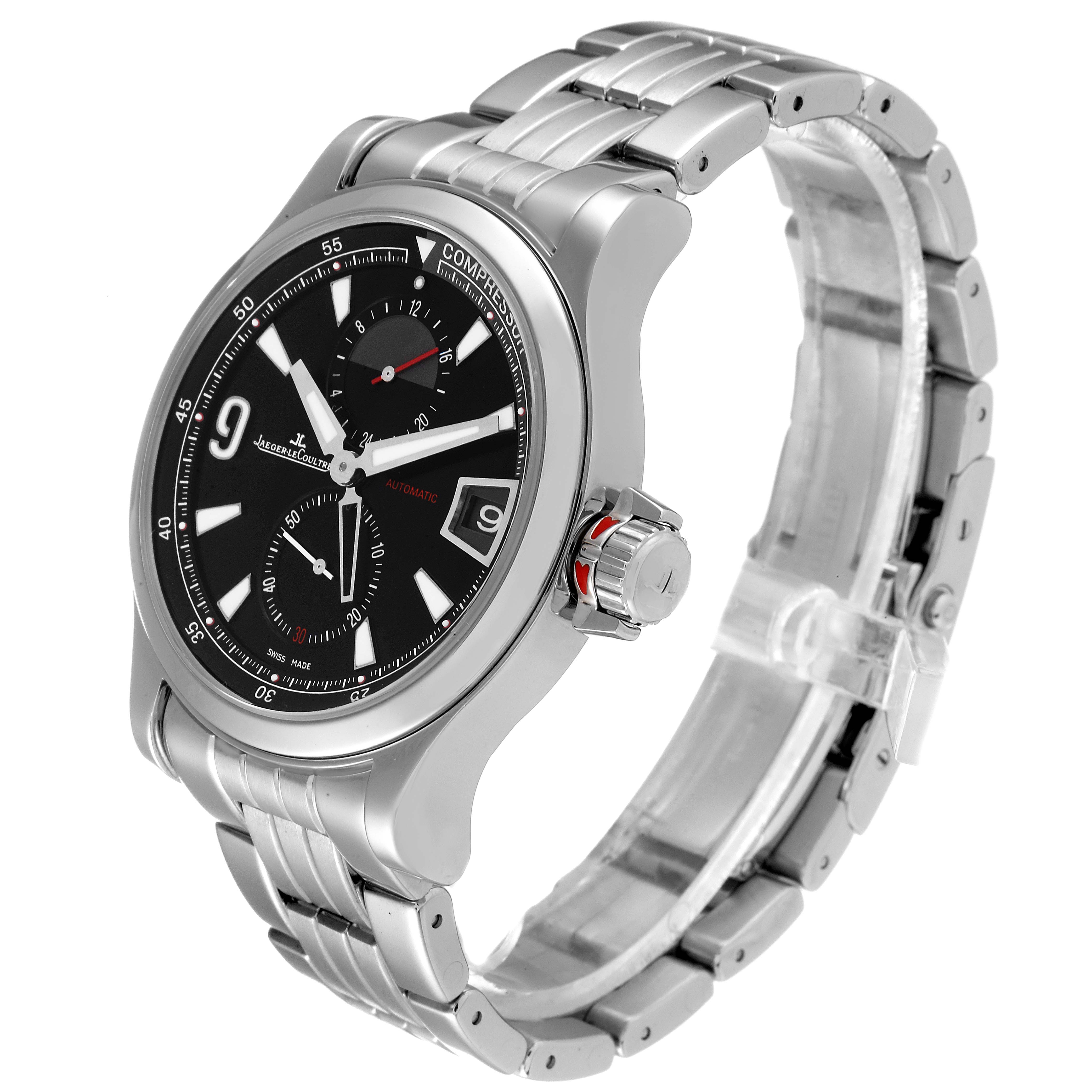 The image shows a side angle view of the Jaeger LeCoultre Master Q1738171 Men's Stainless Steel Black Dial Q1738171 Men's Stainless Steel Black Dial model watch, highlighting the face, bezel, and bracelet.