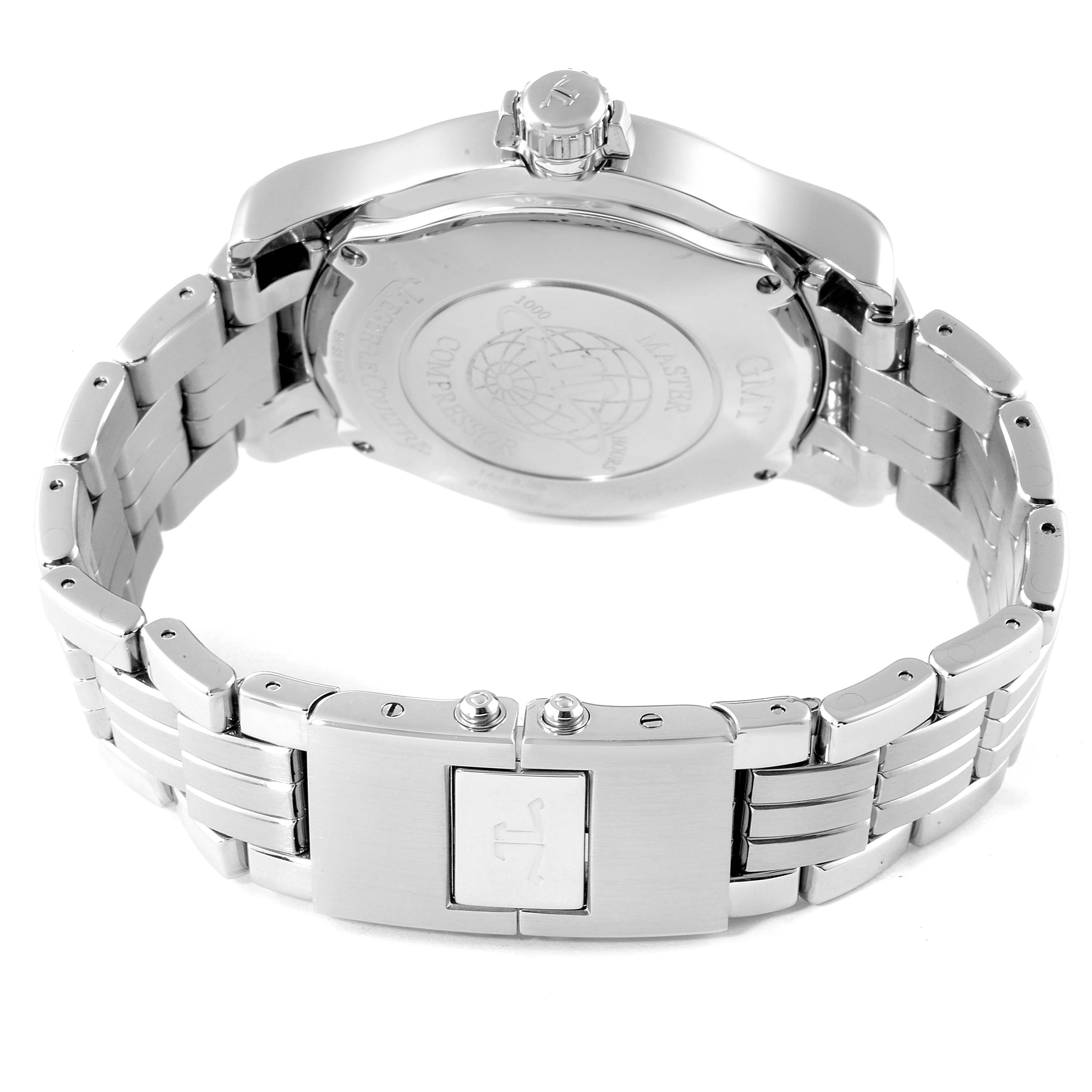 This image shows the back case and bracelet of a Jaeger LeCoultre Master Q1738171 Men's Stainless Steel Black Dial Q1738171 Men's Stainless Steel Black Dial model watch from a rear angle.