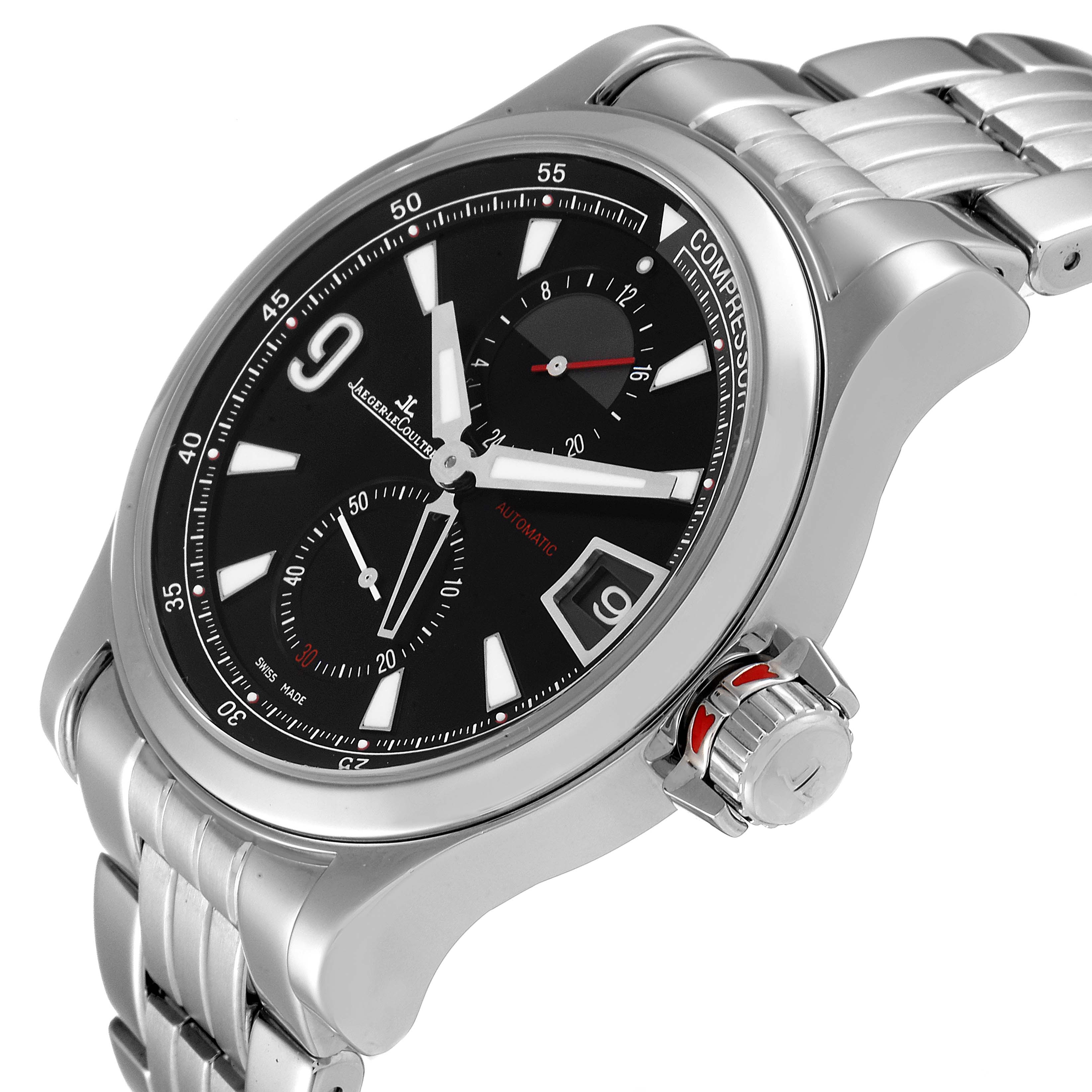 The image shows a Jaeger LeCoultre Master Q1738171 Men's Stainless Steel Black Dial Q1738171 Men's Stainless Steel Black Dial model watch from a three-quarter angle, highlighting its black dial and metal bracelet.