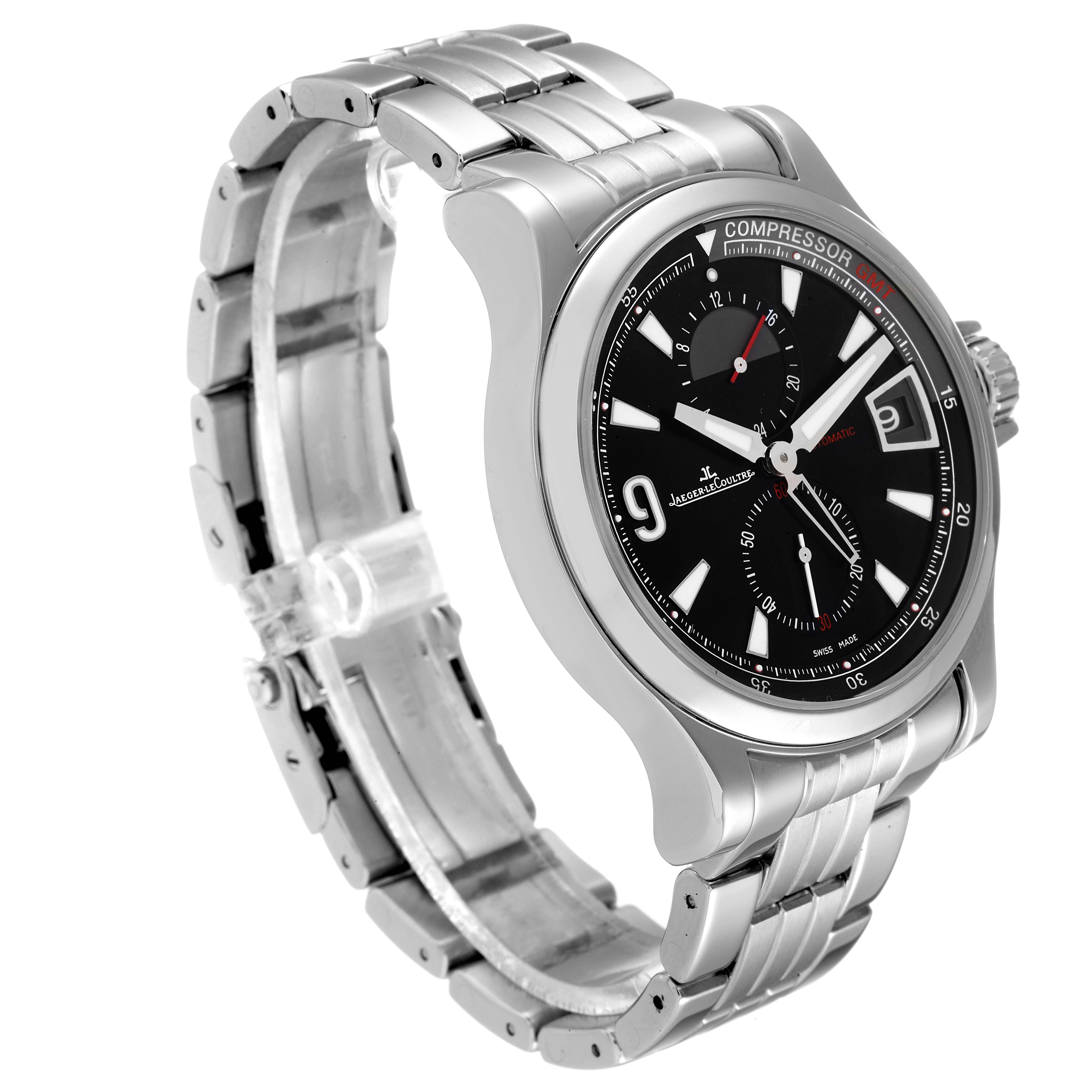 The image shows a side angle of a Jaeger-LeCoultre Master Compressor watch, highlighting the watch face, case, crown, and metal bracelet.