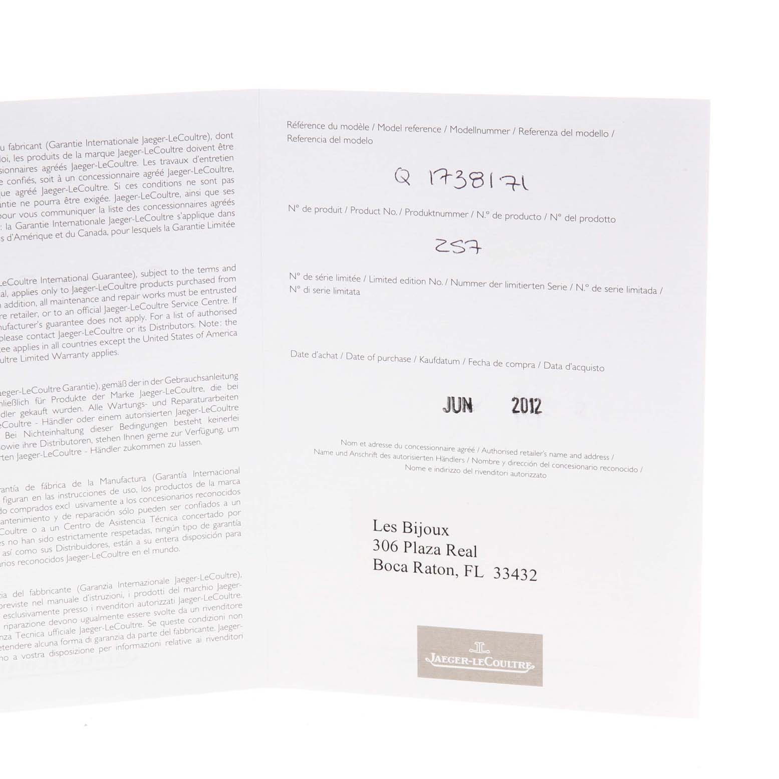 This image shows a warranty card for a Jaeger-LeCoultre Master model watch, detailing model reference, product number, and purchase date.