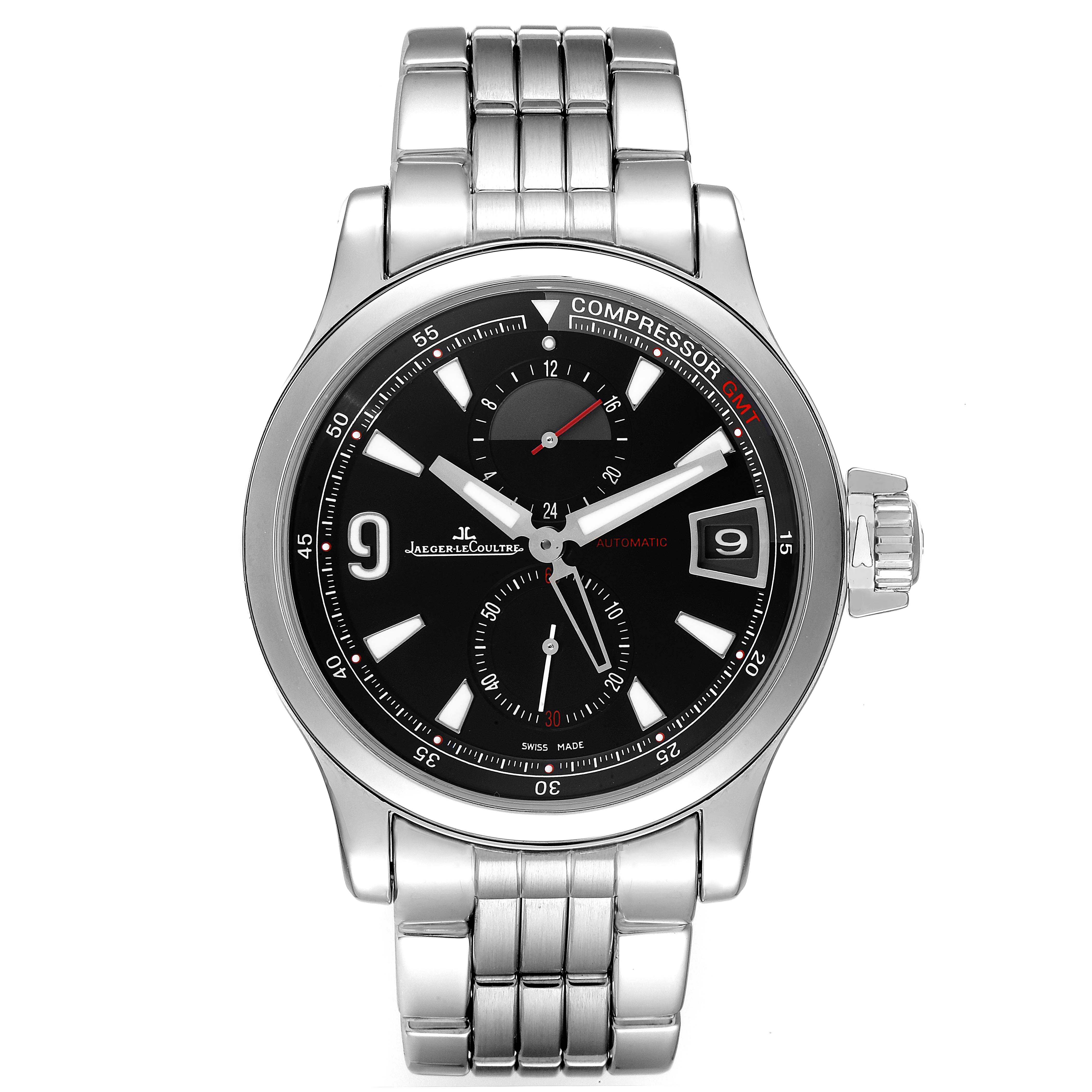 The image displays a front view of the Jaeger LeCoultre Master Q1738171 Men's Stainless Steel Black Dial Q1738171 Men's Stainless Steel Black Dial watch, highlighting its black dial, numerals, and metal strap.