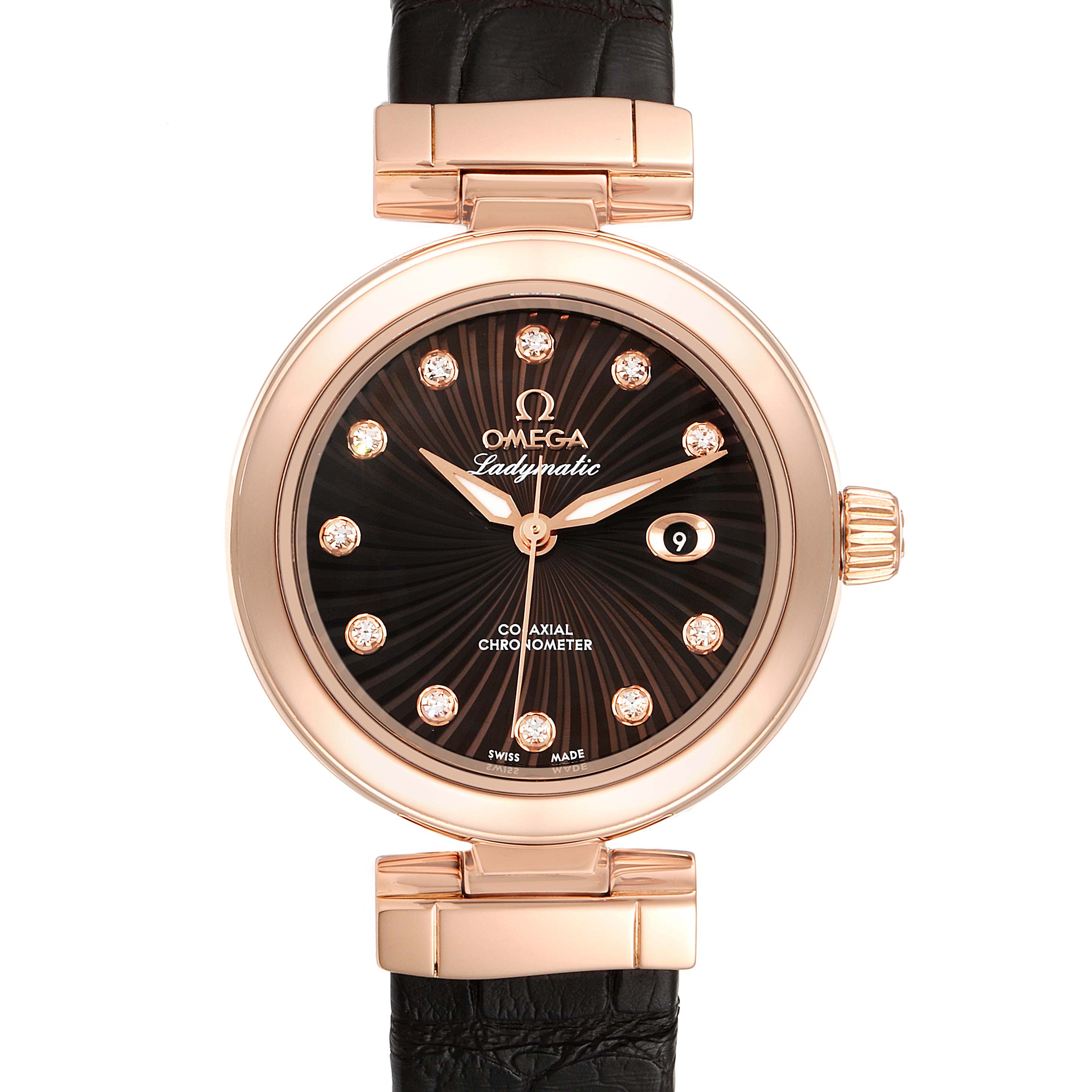 The image shows the front view of an Omega 425.63.34.20.63.001 Women's Rose Gold Brown Dial 425.63.34.20.63.001 Women's Rose Gold Brown Dial DeVille Ladymatic Rose Gold Diamond Ladies Watch 425.63.34.20.63.001 with the watch dial and strap visible.