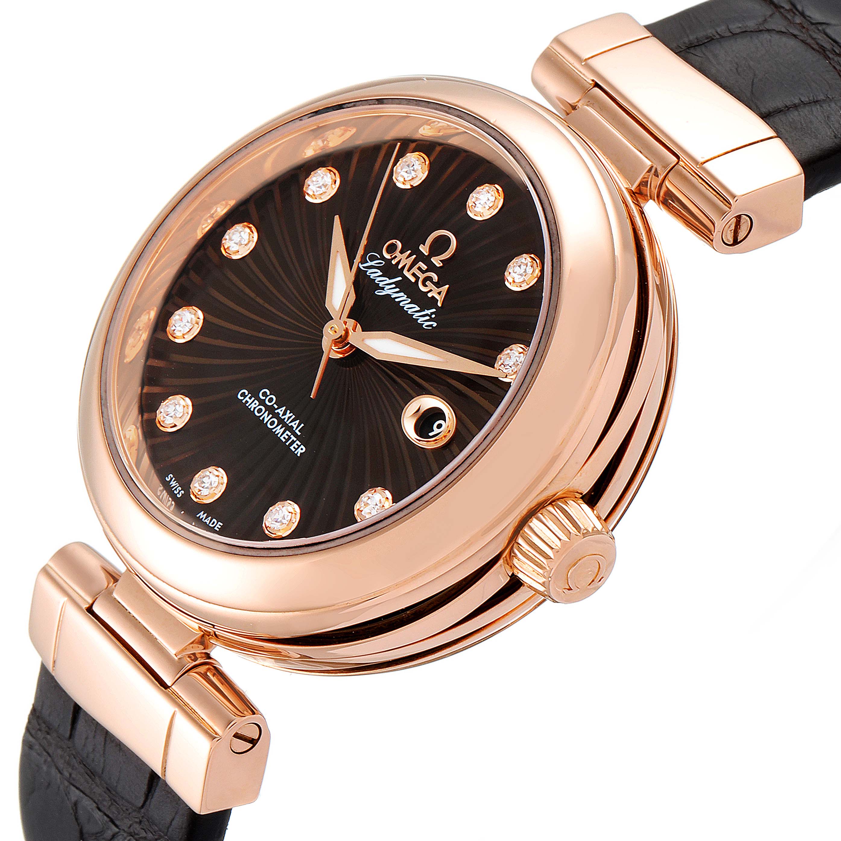 The image shows a side angle of the Omega 425.63.34.20.63.001 Women's Rose Gold Brown Dial 425.63.34.20.63.001 Women's Rose Gold Brown Dial DeVille Ladymatic Rose Gold Diamond Ladies Watch 425.63.34.20.63.001, highlighting its dial, case, and crown.