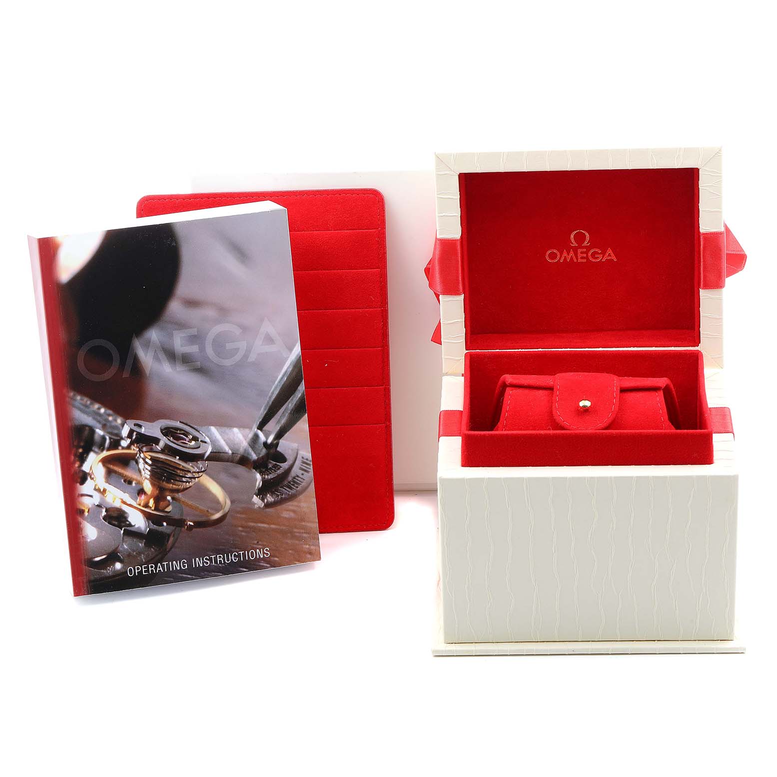 The image shows the packaging, operating instructions, and booklet for the Omega 425.63.34.20.63.001 Women's Rose Gold Brown Dial 425.63.34.20.63.001 Women's Rose Gold Brown Dial DeVille Ladymatic Rose Gold Diamond Ladies Watch, model 425.63.34.20.63.001.