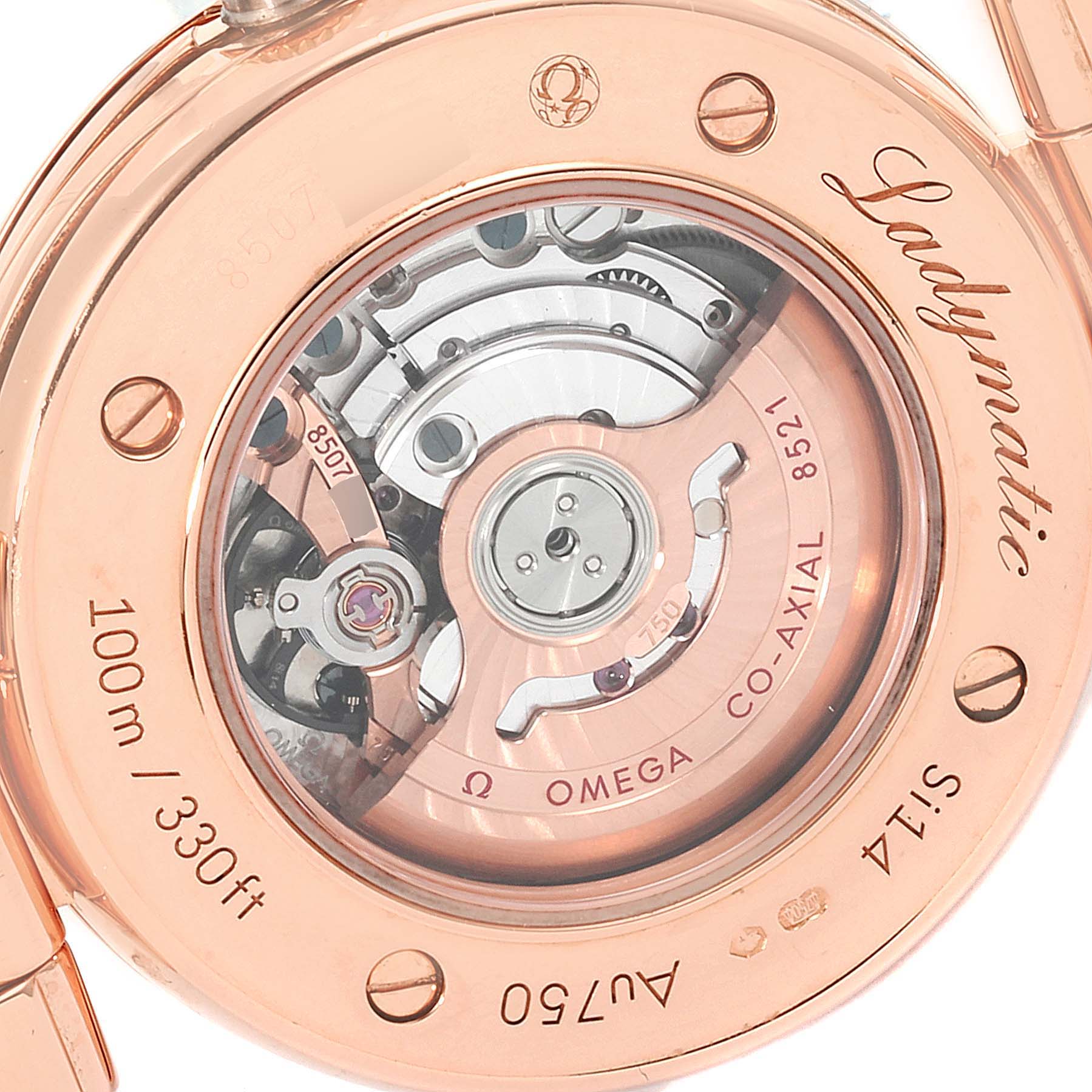 The image shows the back view of the Omega 425.63.34.20.63.001 Women's Rose Gold Brown Dial 425.63.34.20.63.001 Women's Rose Gold Brown Dial DeVille Ladymatic Rose Gold Diamond Ladies Watch 425.63.34.20.63.001, revealing its inner mechanism.