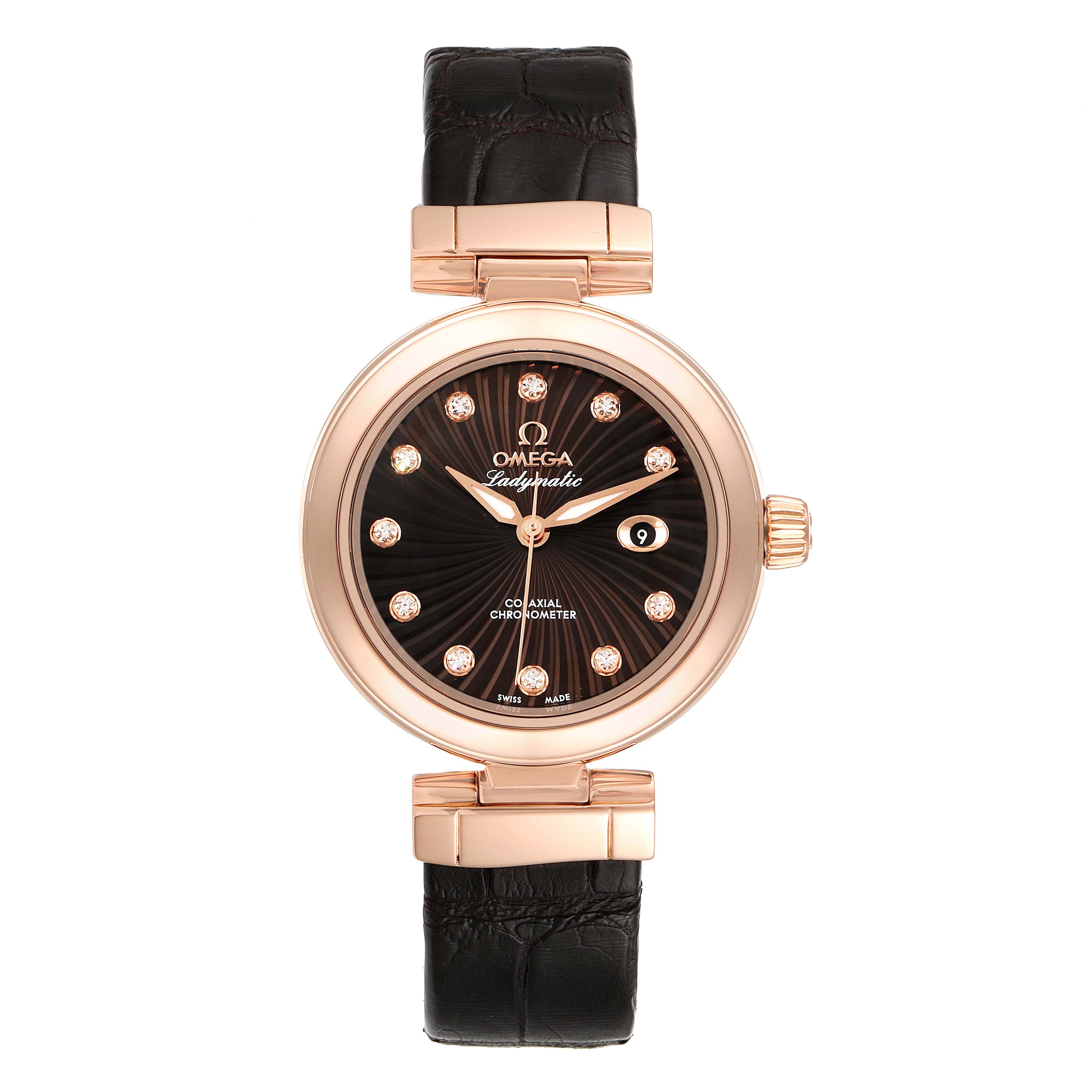 The image shows a front view of the Omega 425.63.34.20.63.001 Women's Rose Gold Brown Dial 425.63.34.20.63.001 Women's Rose Gold Brown Dial DeVille Ladymatic Rose Gold Diamond Ladies Watch 425.63.34.20.63.001.