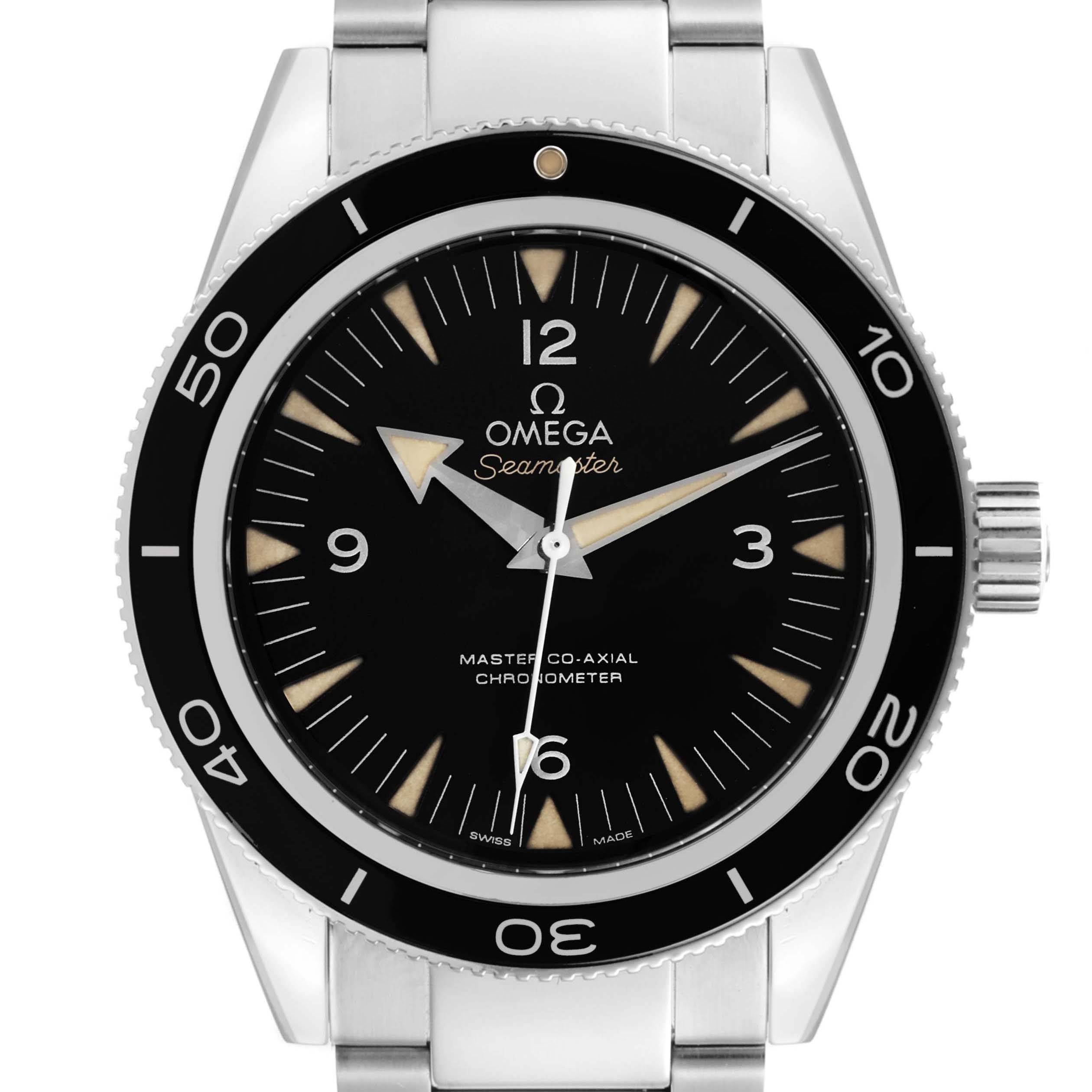 The image shows a front view of an Omega Seamaster 233.30.41.21.01.001 Men's Stainless Steel Black Dial 233.30.41.21.01.001 Men's Stainless Steel Black Dial watch, including the dial, bezel, and part of the bracelet.