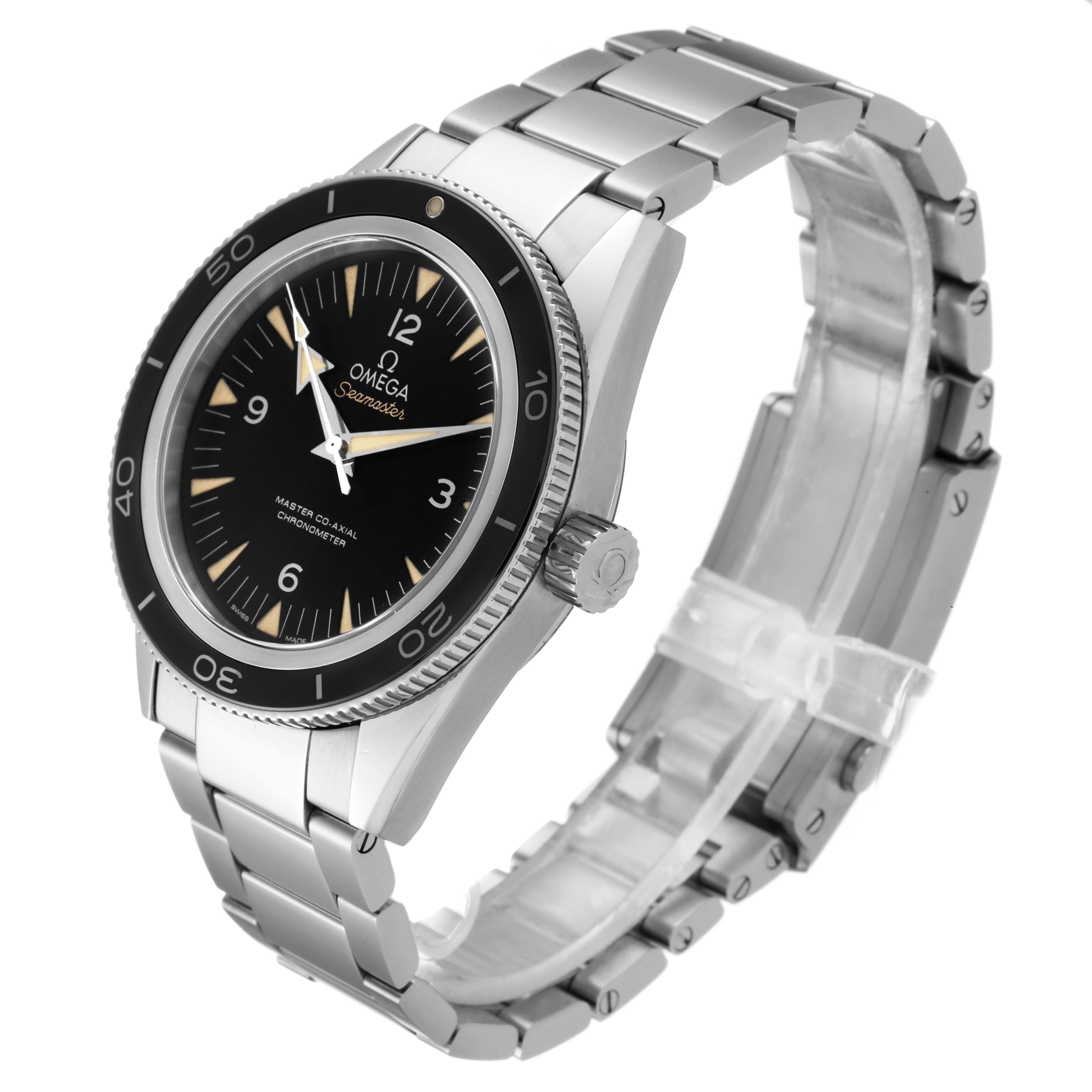 The image shows an Omega Seamaster 233.30.41.21.01.001 Men's Stainless Steel Black Dial 233.30.41.21.01.001 Men's Stainless Steel Black Dial watch at an angled side view, highlighting the dial, bezel, crown, and stainless steel bracelet.