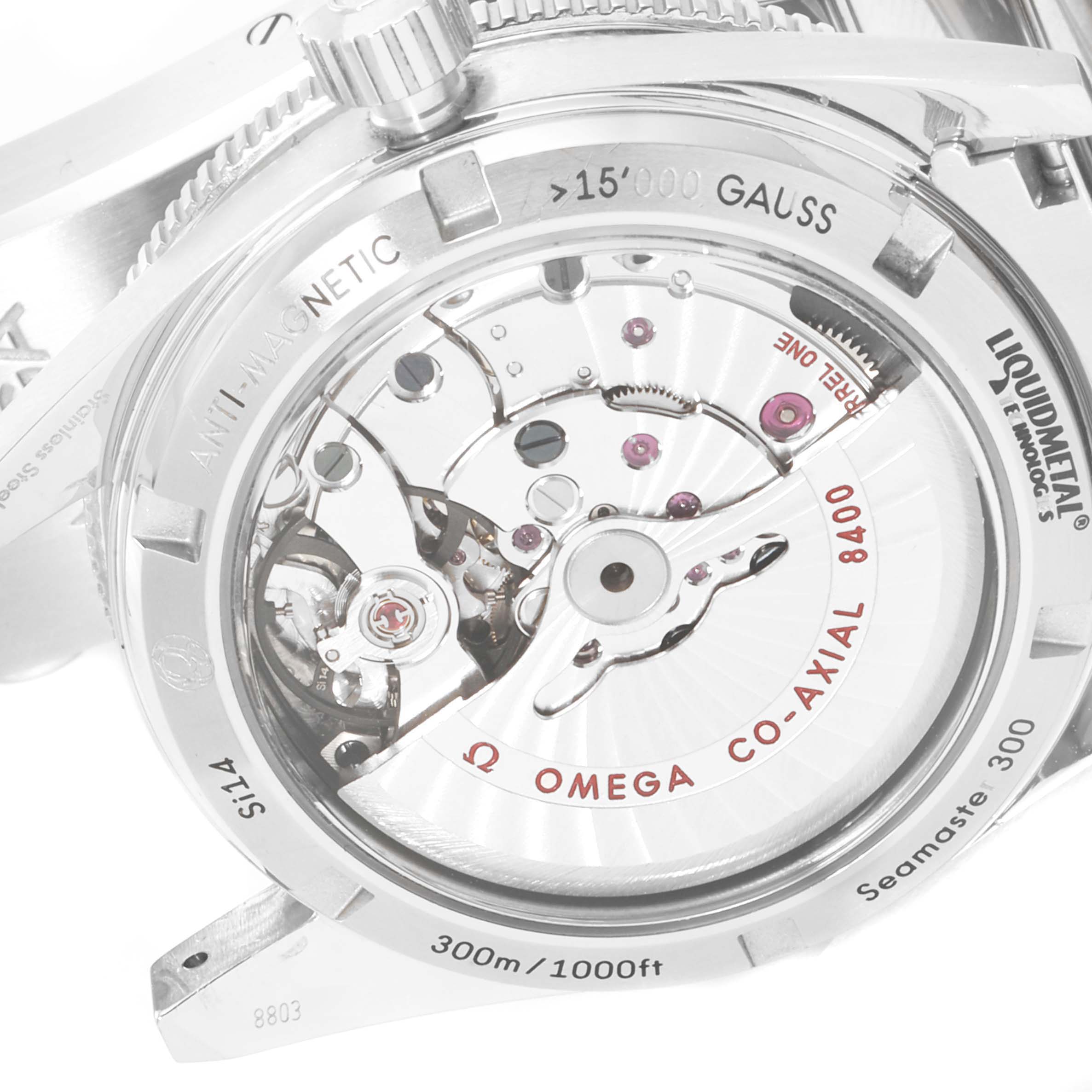 The image shows the back of the Omega Seamaster 233.30.41.21.01.001 Men's Stainless Steel Black Dial 233.30.41.21.01.001 Men's Stainless Steel Black Dial watch, focusing on its exposed movement mechanism and inscriptions.