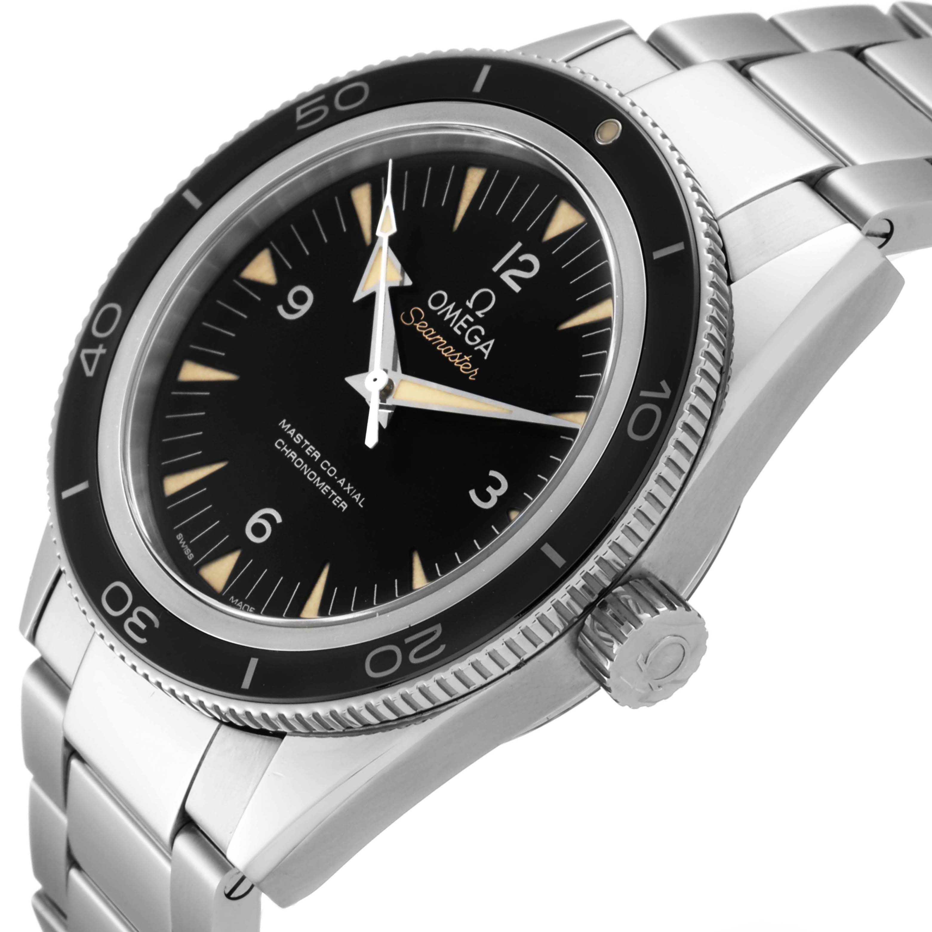 The image shows an Omega Seamaster 233.30.41.21.01.001 Men's Stainless Steel Black Dial 233.30.41.21.01.001 Men's Stainless Steel Black Dial watch at a three-quarter angle, highlighting its bezel, dial, and bracelet.