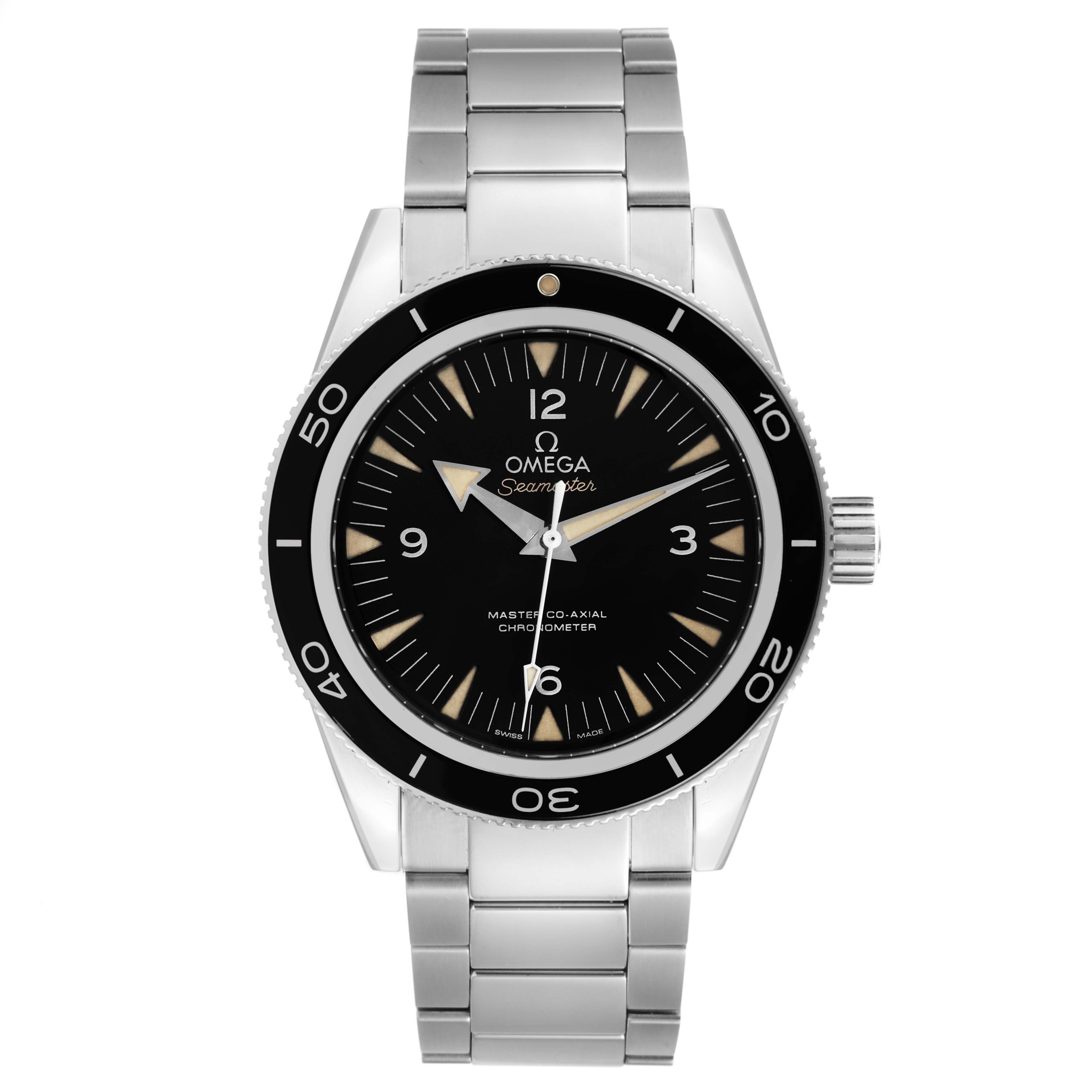 The image shows a front view of the Omega Seamaster 233.30.41.21.01.001 Men's Stainless Steel Black Dial 233.30.41.21.01.001 Men's Stainless Steel Black Dial watch, highlighting its dial, bezel, case, and bracelet.