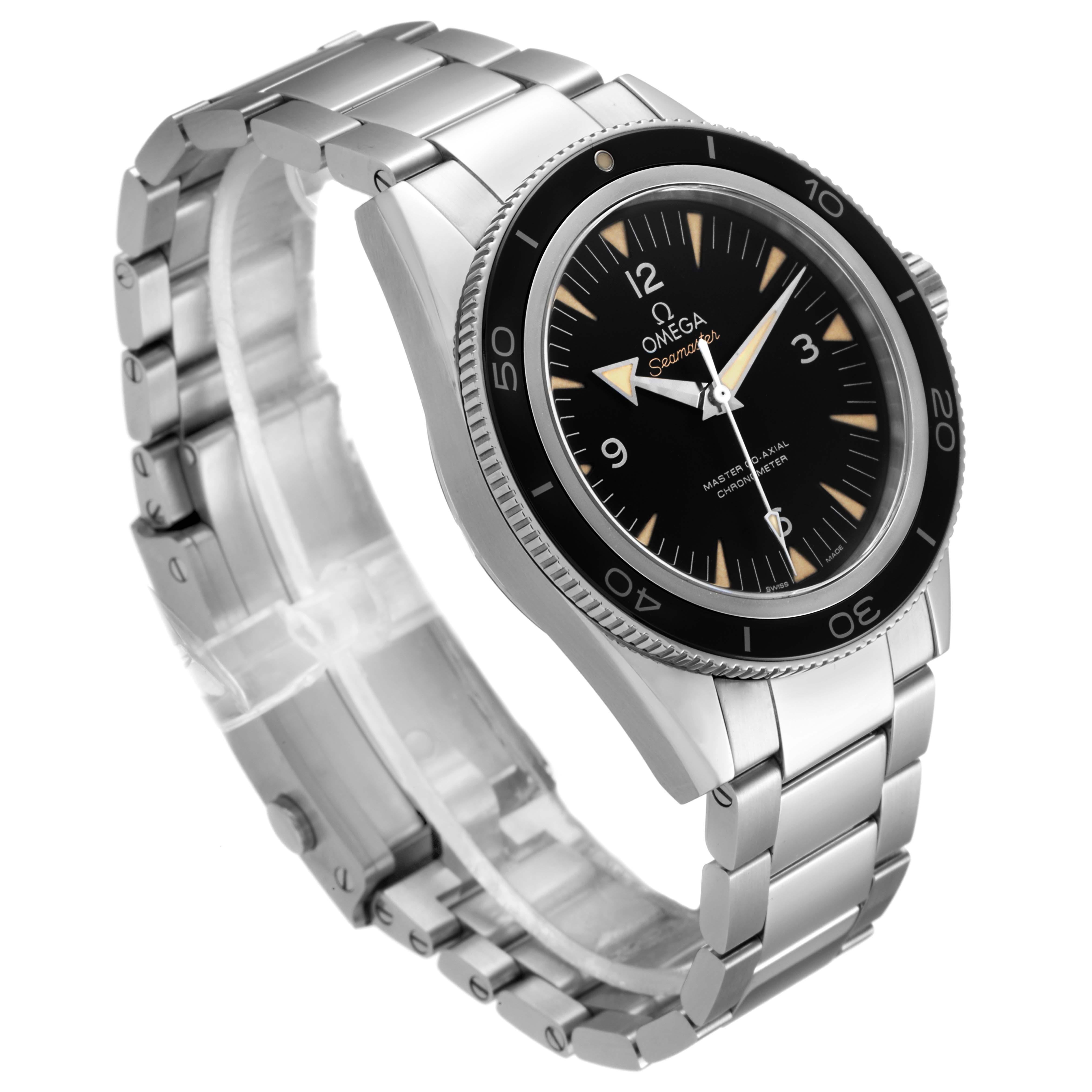 The Omega Seamaster 233.30.41.21.01.001 Men's Stainless Steel Black Dial 233.30.41.21.01.001 Men's Stainless Steel Black Dial watch is shown at an angle, highlighting its face, bezel, crown, and stainless steel bracelet.