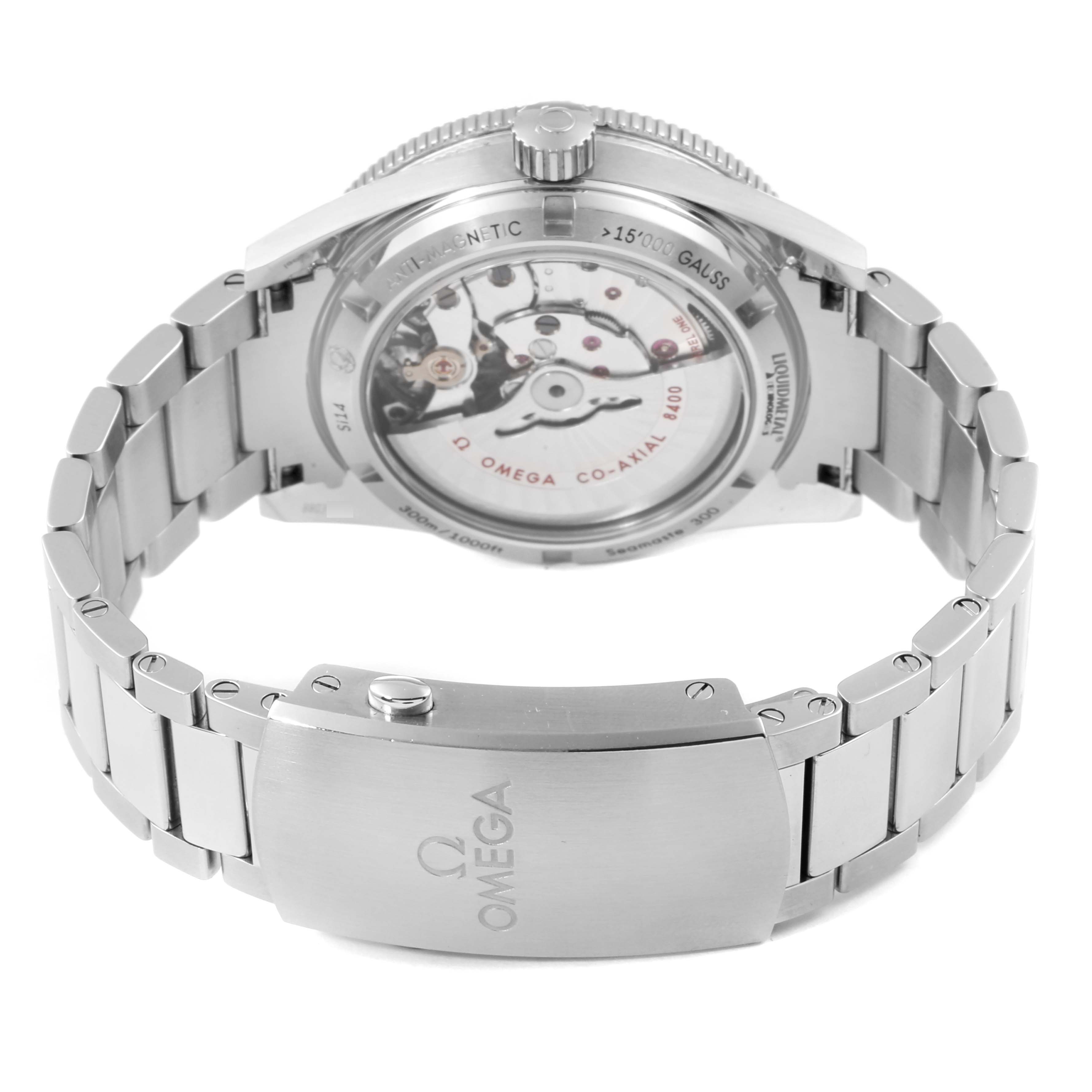 This image shows the back of the Omega Seamaster 233.30.41.21.01.001 Men's Stainless Steel Black Dial 233.30.41.21.01.001 Men's Stainless Steel Black Dial watch, displaying its open case back and stainless steel bracelet.