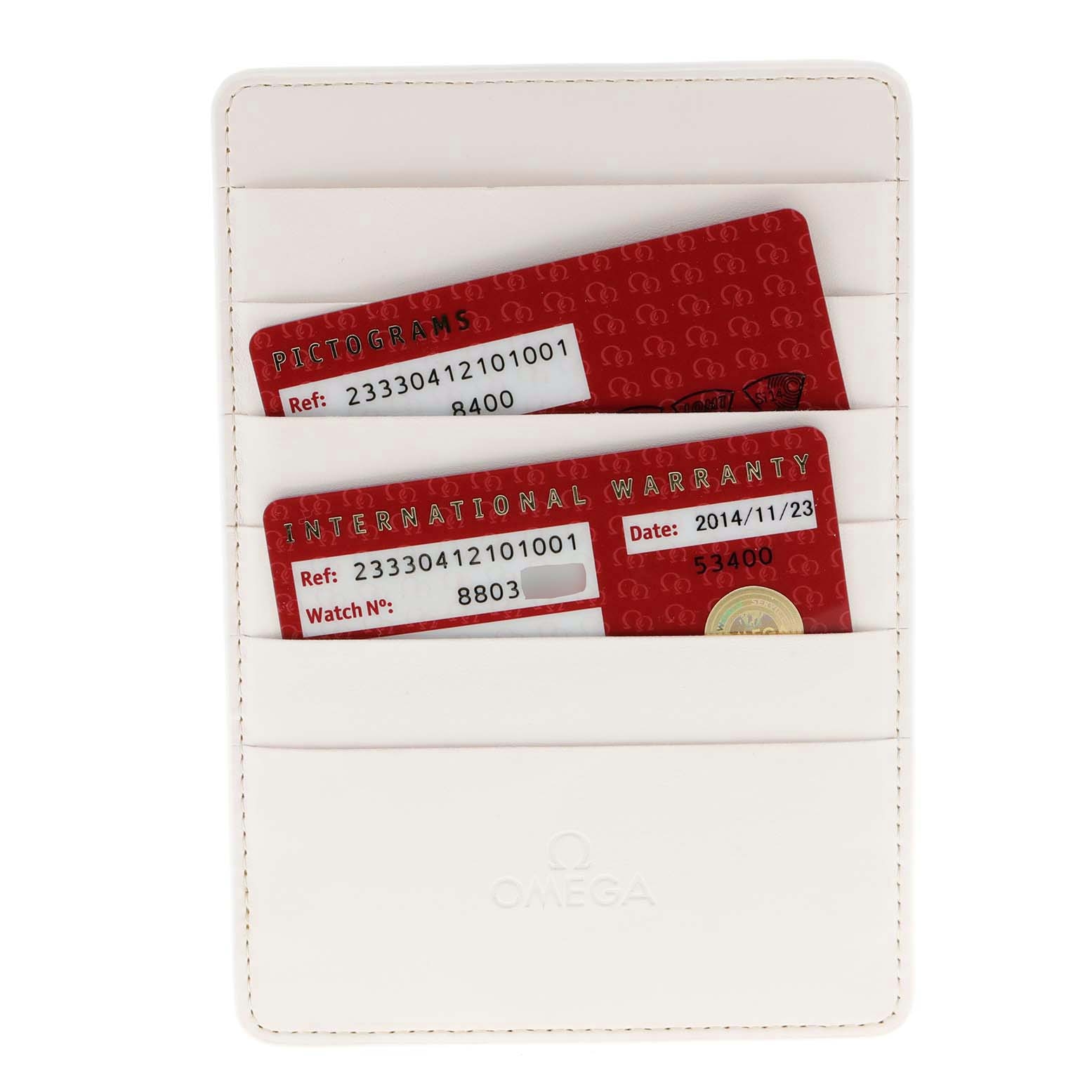 The image shows the warranty and pictogram cards for an Omega Seamaster 233.30.41.21.01.001 Men's Stainless Steel Black Dial 233.30.41.21.01.001 Men's Stainless Steel Black Dial, held in a white cardholder.