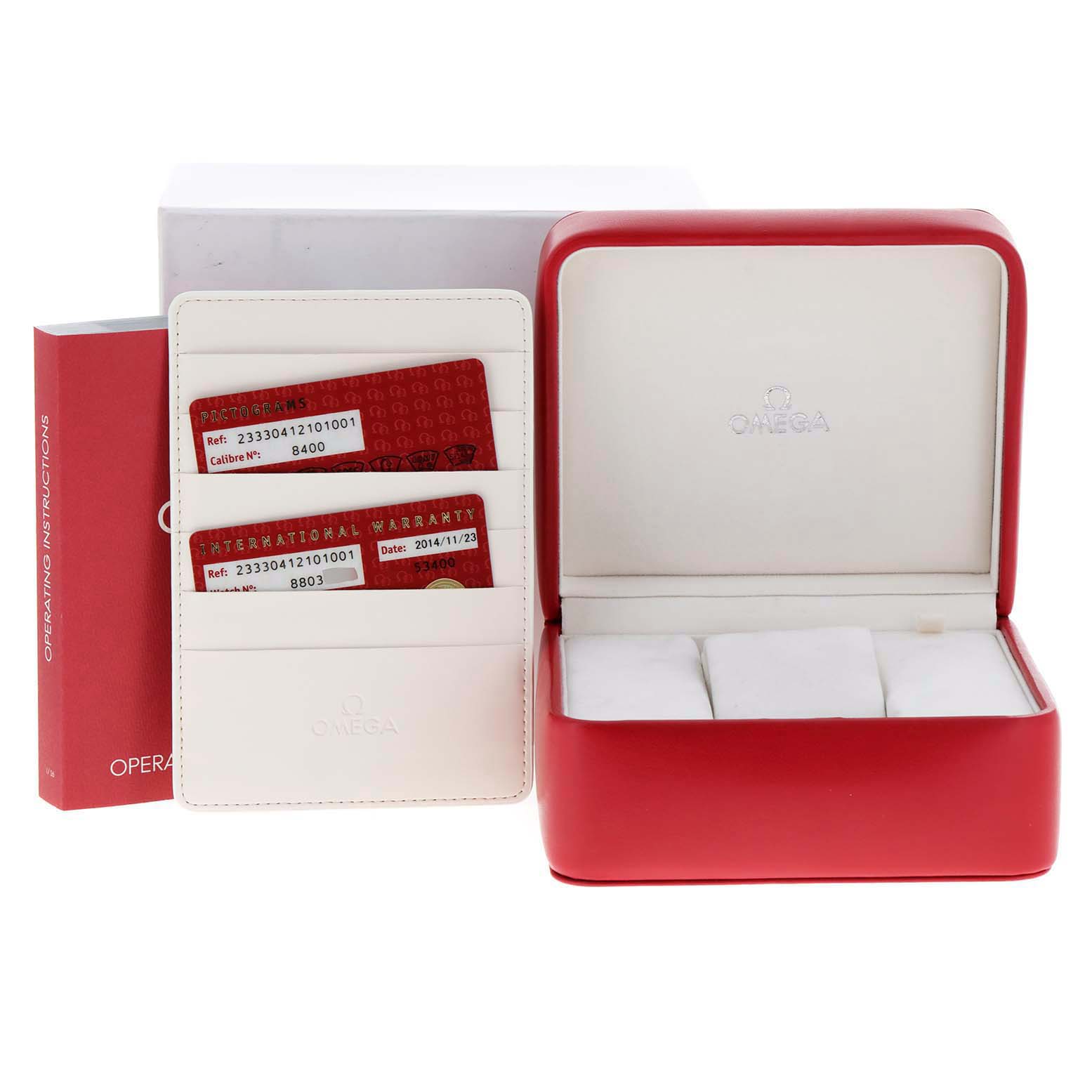 The image shows the accessories for an Omega Seamaster 233.30.41.21.01.001 Men's Stainless Steel Black Dial 233.30.41.21.01.001 Men's Stainless Steel Black Dial, including the warranty cards, a red storage box, and the operating instructions.