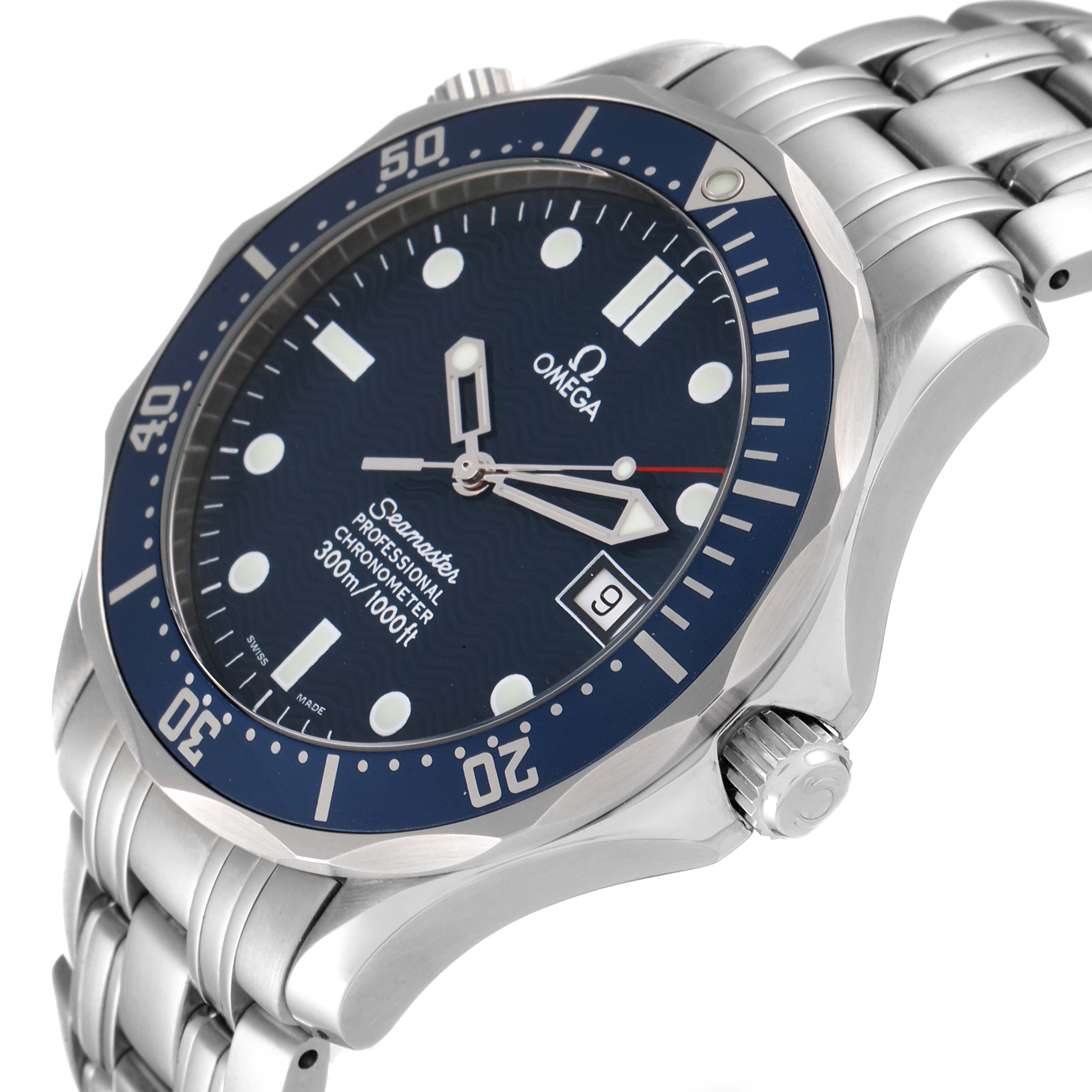 This image shows the front and right side of an Omega Seamaster 2531.80.00 Men's Stainless Steel Blue Dial 2531.80.00 Men's Stainless Steel Blue Dial watch, highlighting the dial, bezel, and crown.