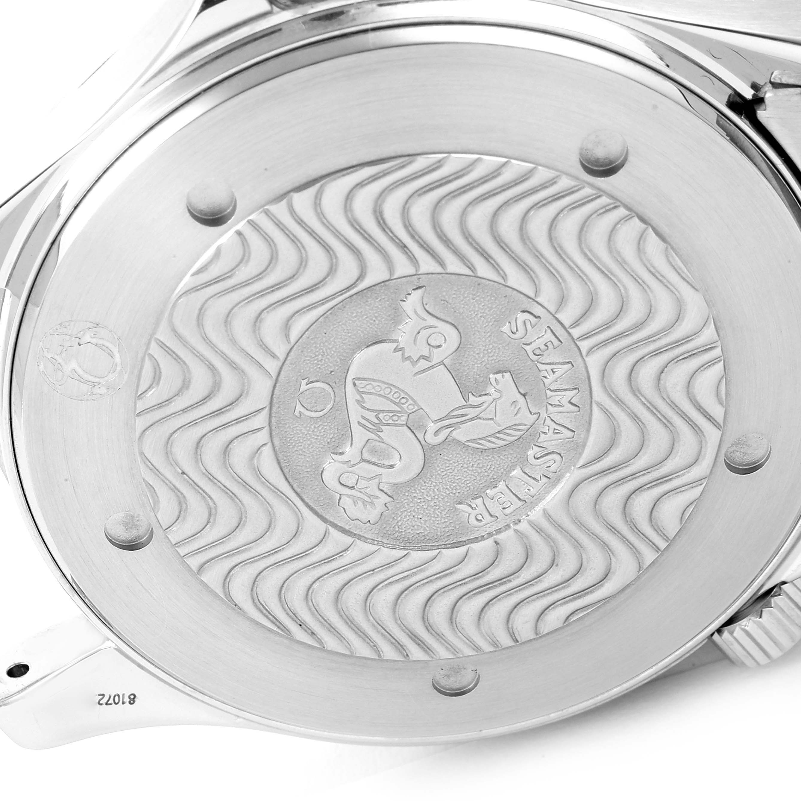 This image shows the back case of an Omega Seamaster 2531.80.00 Men's Stainless Steel Blue Dial 2531.80.00 Men's Stainless Steel Blue Dial watch, highlighting its engraved design and branding.