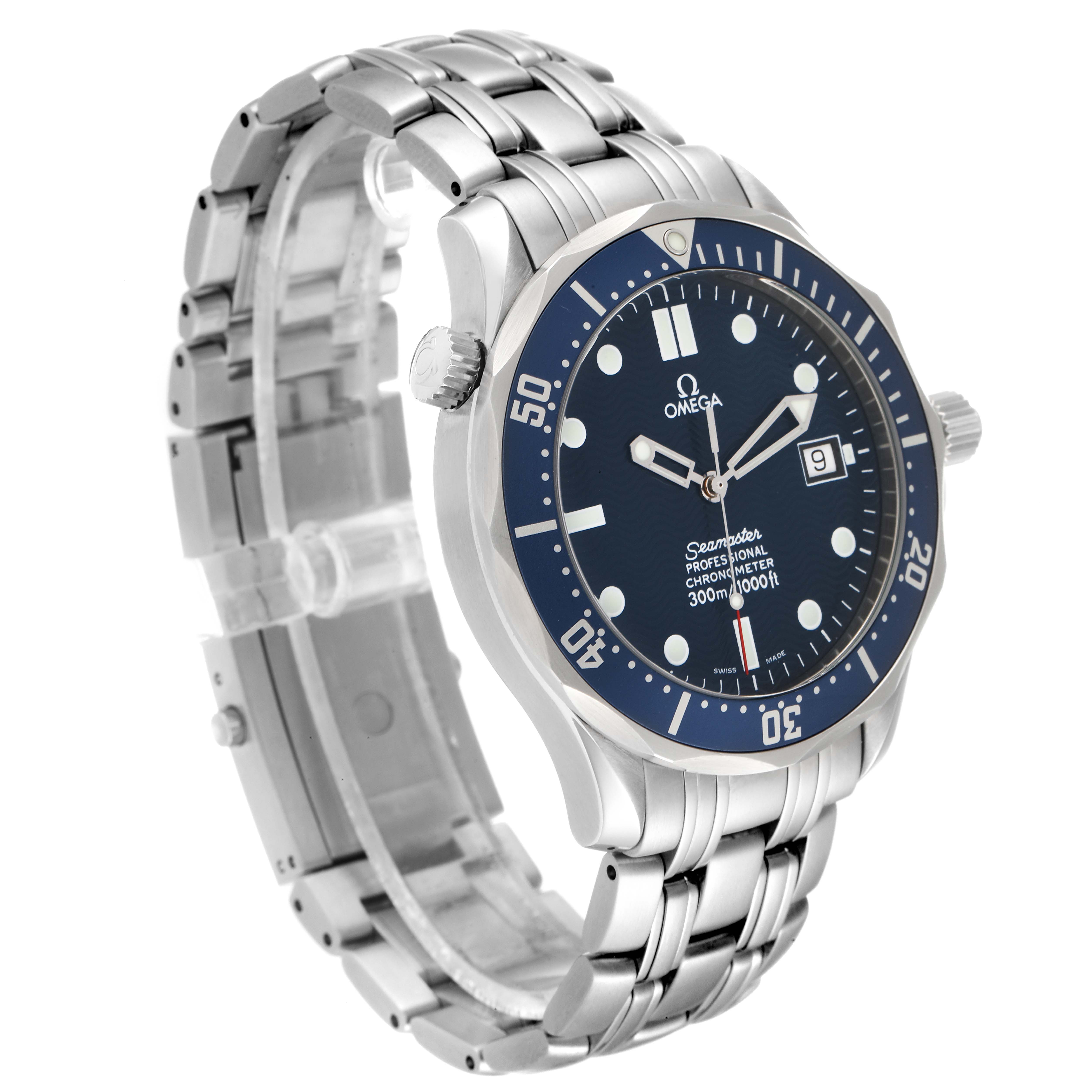This image shows the Omega Seamaster 2531.80.00 Men's Stainless Steel Blue Dial 2531.80.00 Men's Stainless Steel Blue Dial watch from a three-quarter angle, showcasing the face, bezel, crown, and metal bracelet.