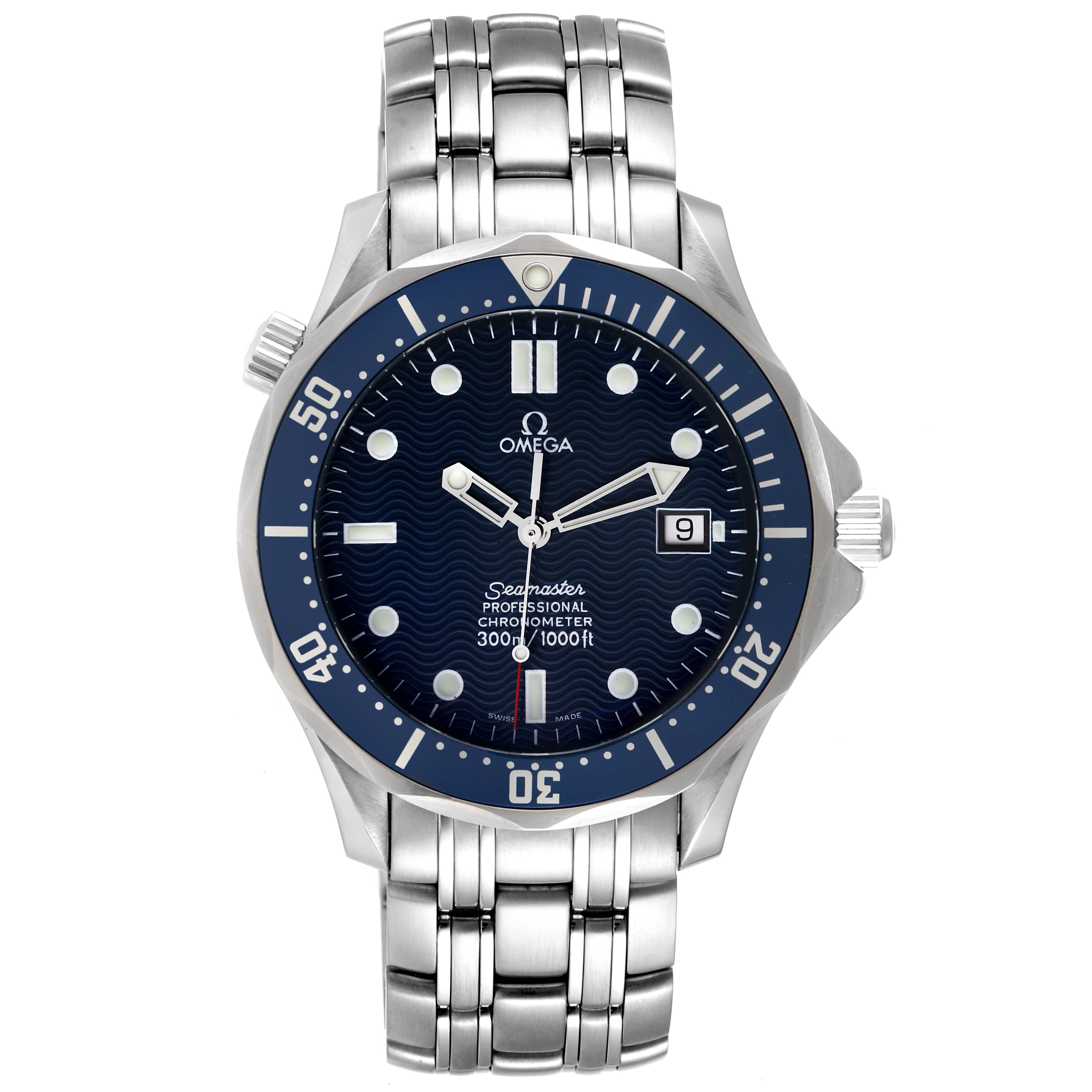 The Omega Seamaster 2531.80.00 Men's Stainless Steel Blue Dial 2531.80.00 Men's Stainless Steel Blue Dial watch is shown from a top view, highlighting its blue dial, stainless steel case, bezel, and bracelet.