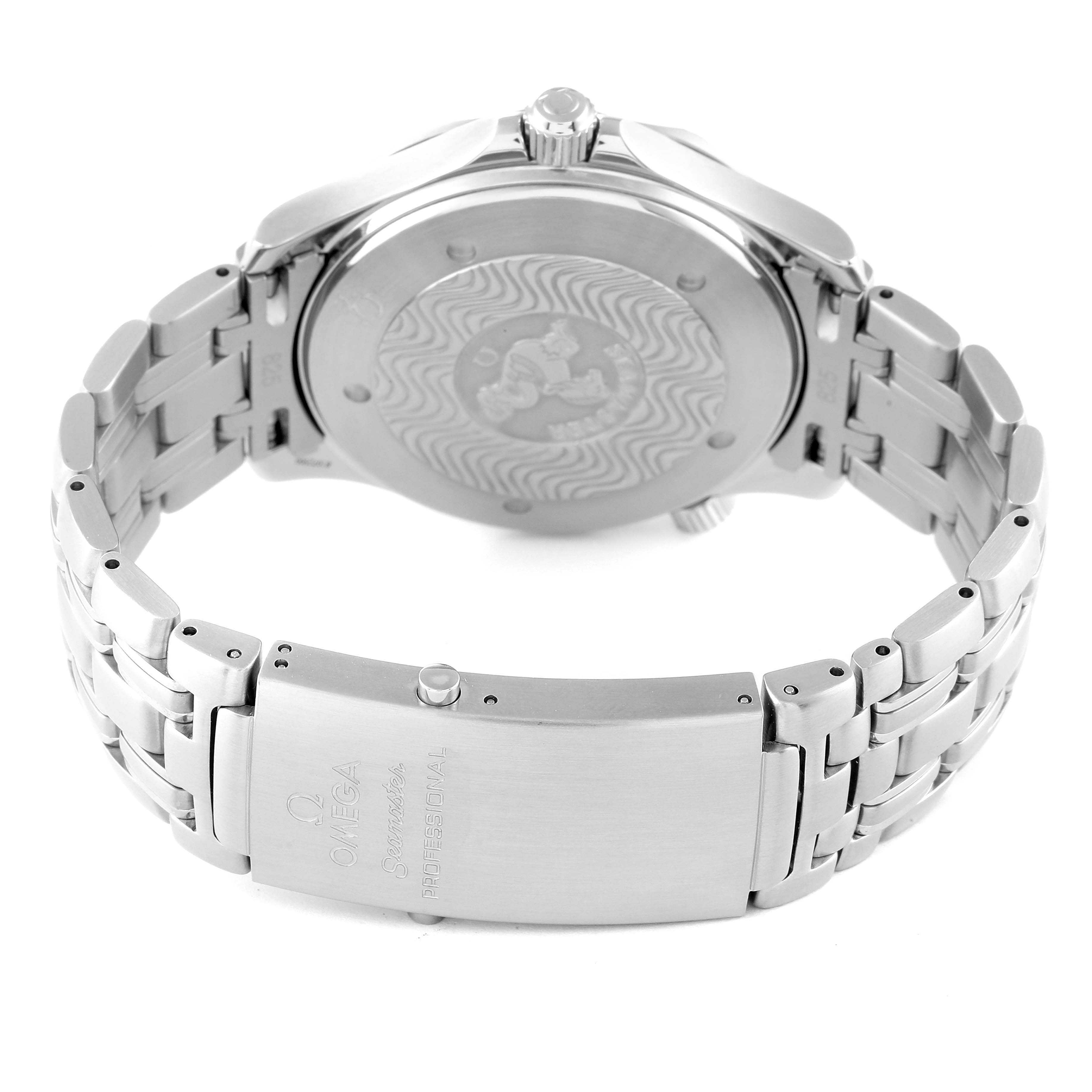 The image shows the back view of the Omega Seamaster 2531.80.00 Men's Stainless Steel Blue Dial 2531.80.00 Men's Stainless Steel Blue Dial watch, highlighting the case back and the bracelet with the clasp.