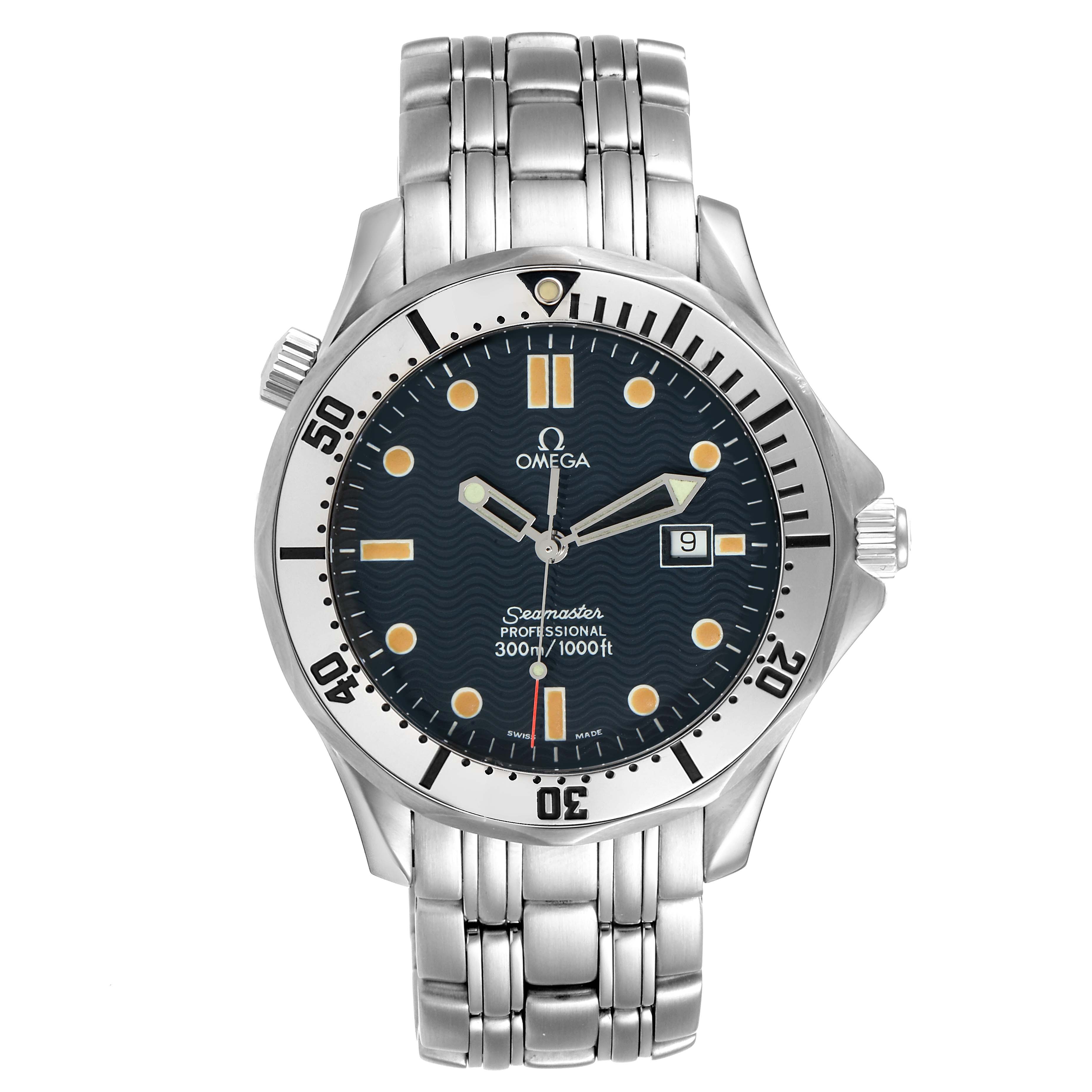 The image shows a front view of an Omega Seamaster 2542.80.00 Men
s Stainless Steel Blue Dial 2542.80.00 Men
s Stainless Steel Blue Dial watch displaying its dial, bezel, and stainless steel bracelet.