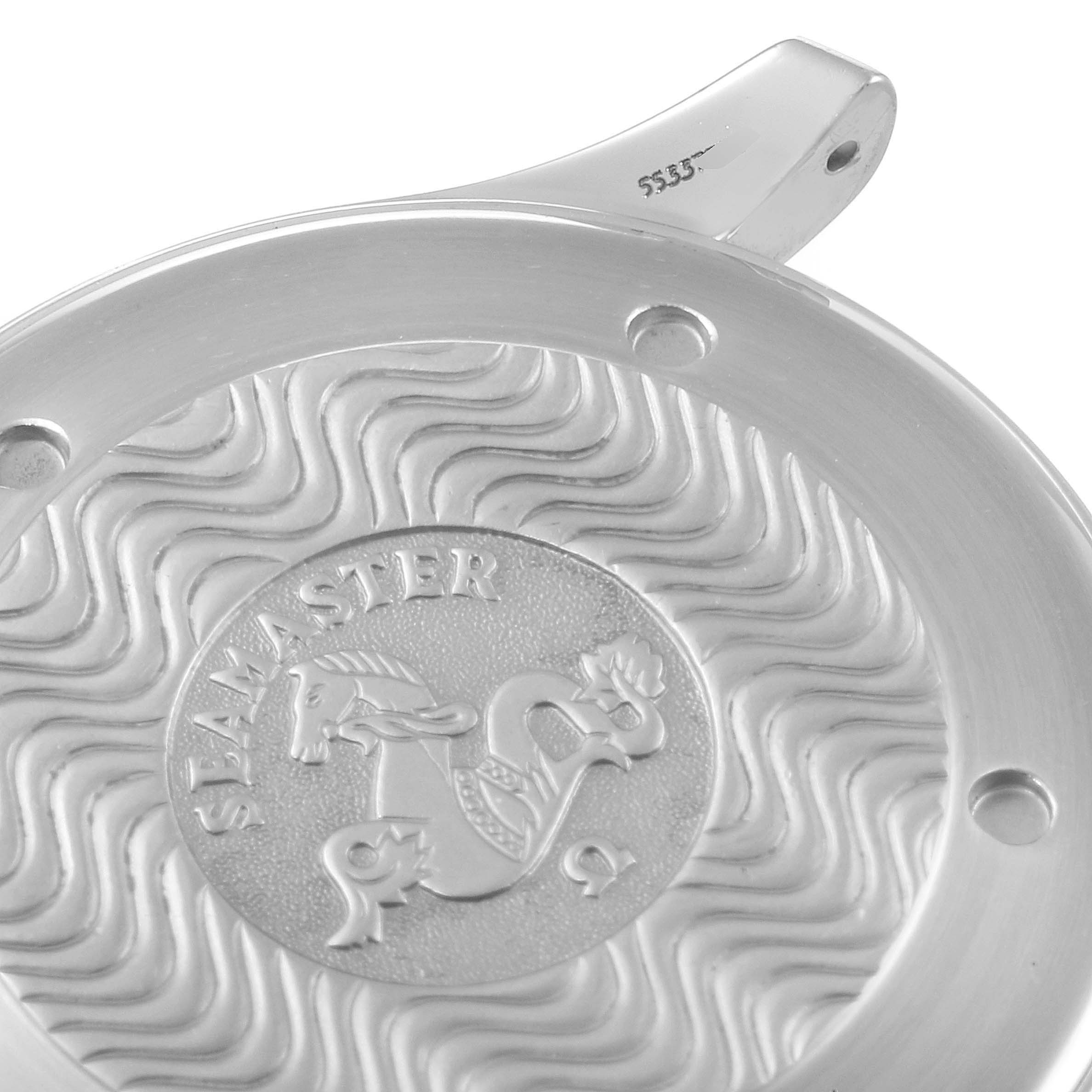 The image shows a close-up of the case back from an Omega Seamaster 2542.80.00 Men
s Stainless Steel Blue Dial 2542.80.00 Men
s Stainless Steel Blue Dial watch.