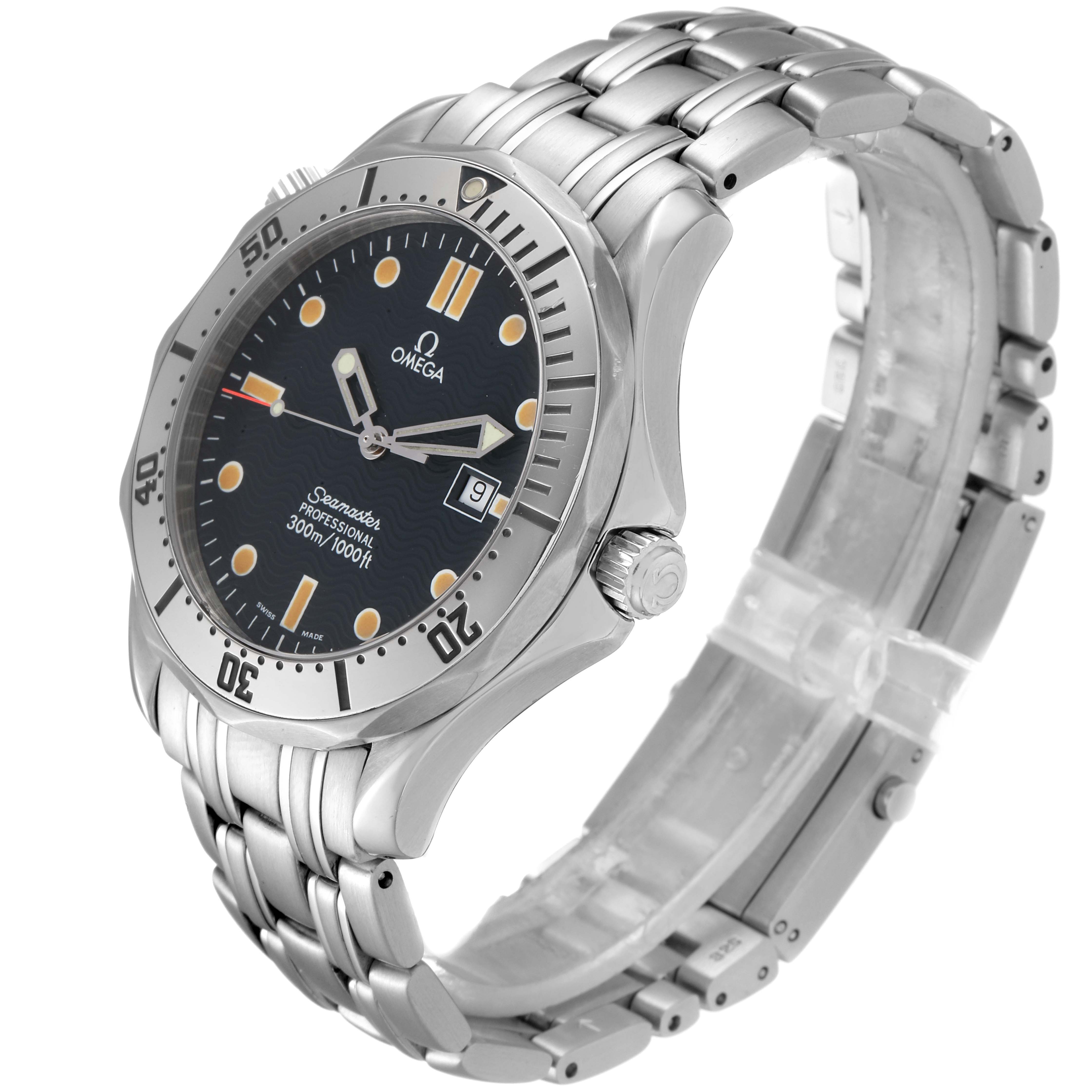 The Omega Seamaster 2542.80.00 Men
s Stainless Steel Blue Dial 2542.80.00 Men
s Stainless Steel Blue Dial watch is shown at an angled view highlighting its bezel, dial, bracelet, and crown.