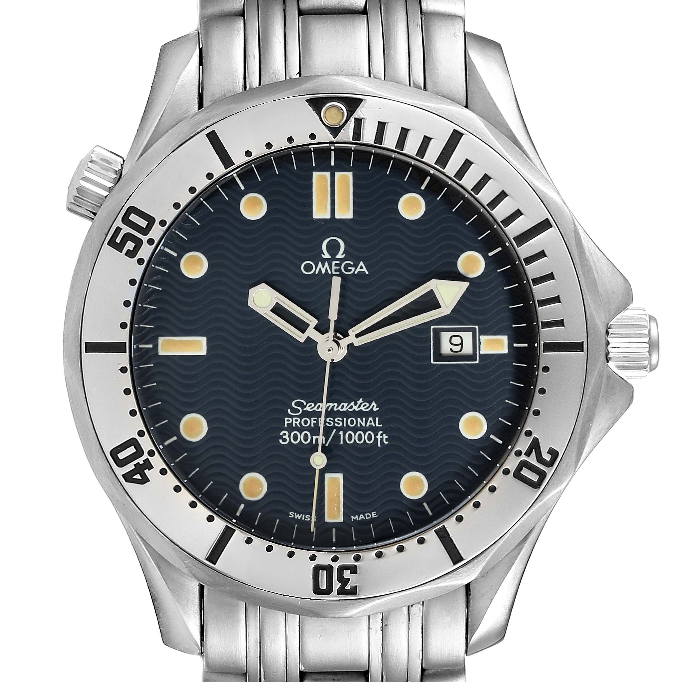 The image shows a frontal view of the Omega Seamaster 2542.80.00 Men
s Stainless Steel Blue Dial 2542.80.00 Men
s Stainless Steel Blue Dial watch displaying the dial, bezel, hands, and part of the bracelet.