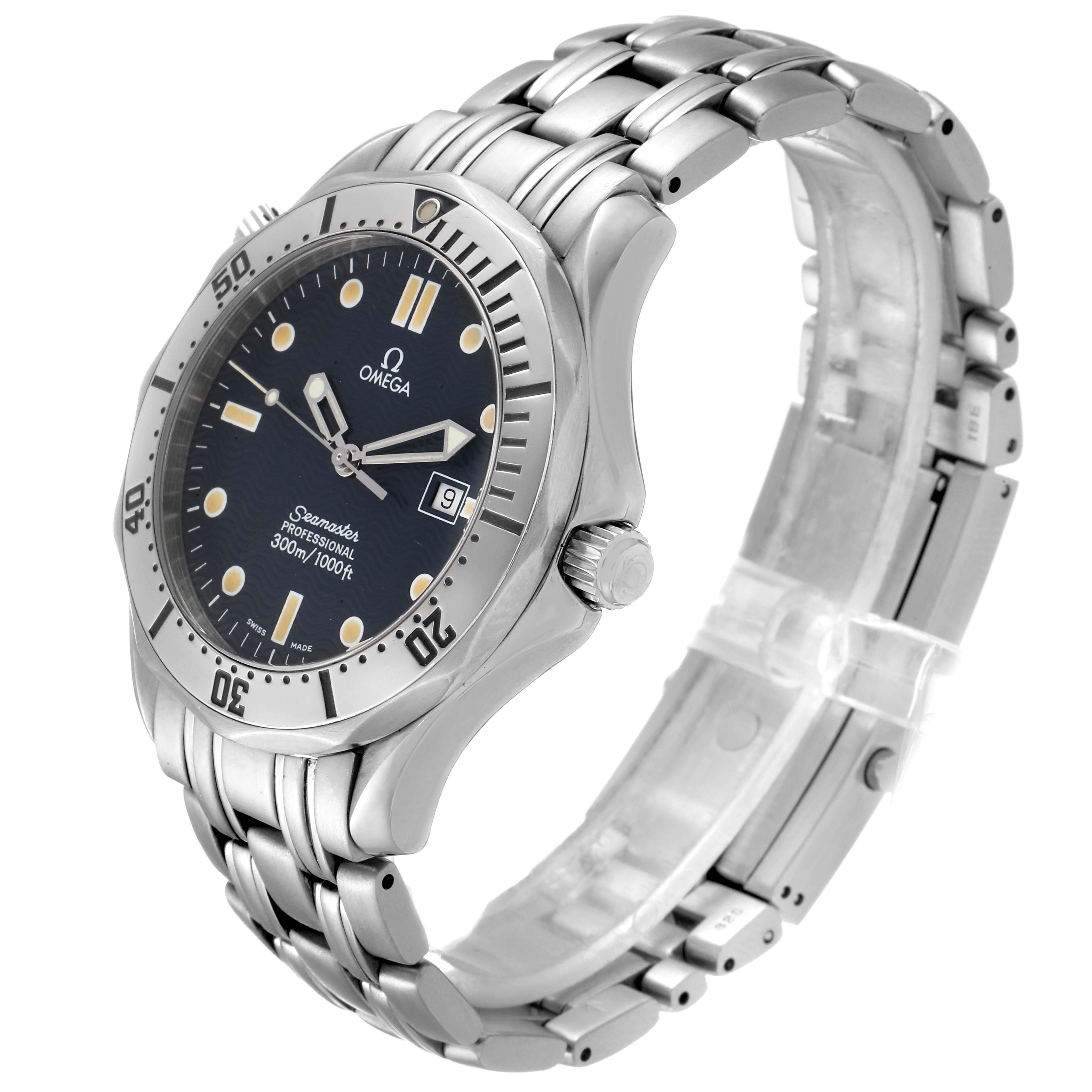 This Omega Seamaster 2542.80.00 Men
s Stainless Steel Blue Dial 2542.80.00 Men
s Stainless Steel Blue Dial watch is shown at a slight angle, displaying the face, bezel, crown, and metal bracelet.