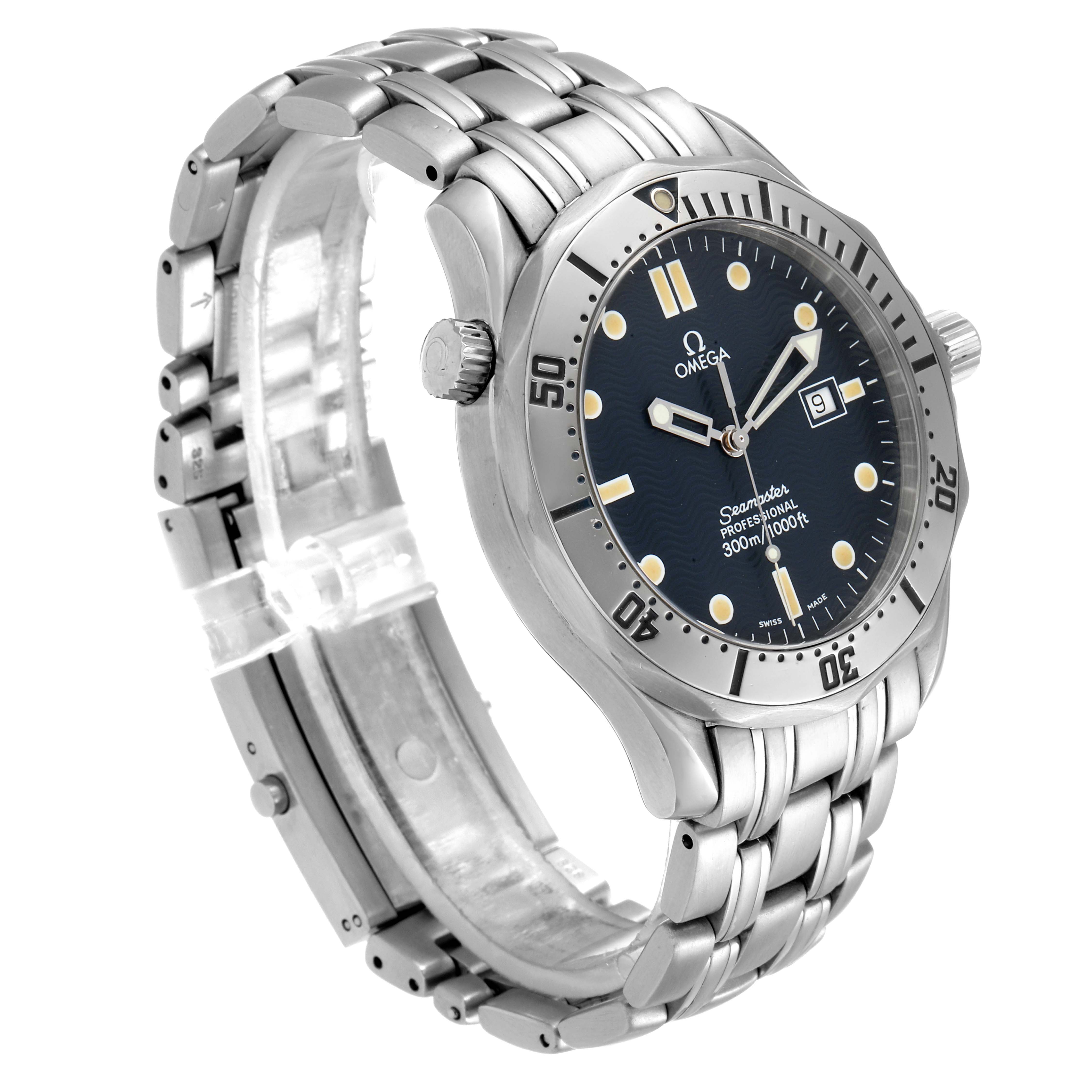 The Omega Seamaster 2542.80.00 Men
s Stainless Steel Blue Dial 2542.80.00 Men
s Stainless Steel Blue Dial watch is shown at a three-quarter angle, highlighting the face, bezel, and metal bracelet.