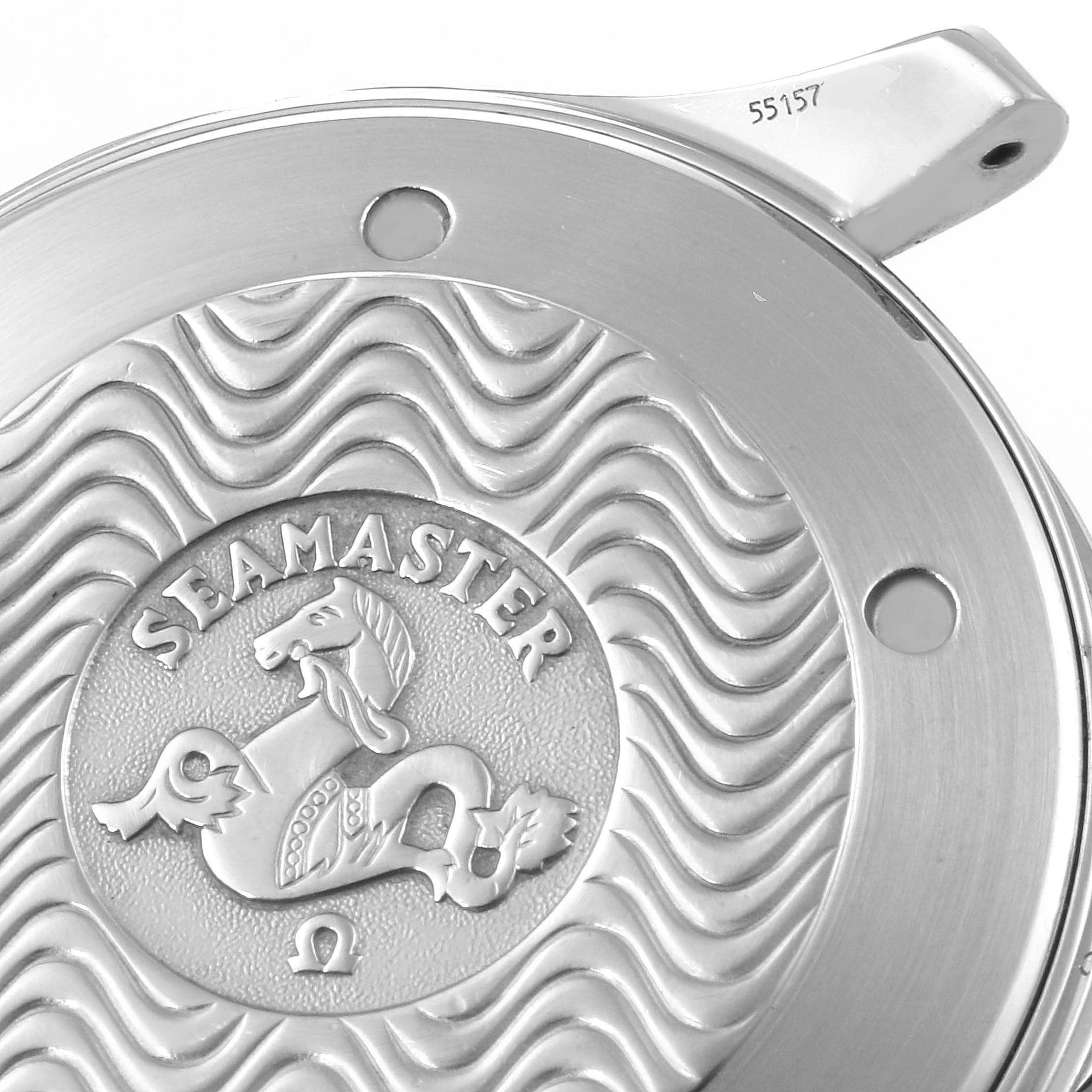 This image shows the back cover of an Omega Seamaster 2542.80.00 Men
s Stainless Steel Blue Dial 2542.80.00 Men
s Stainless Steel Blue Dial watch, featuring the brand logo and signature seahorse engraving.