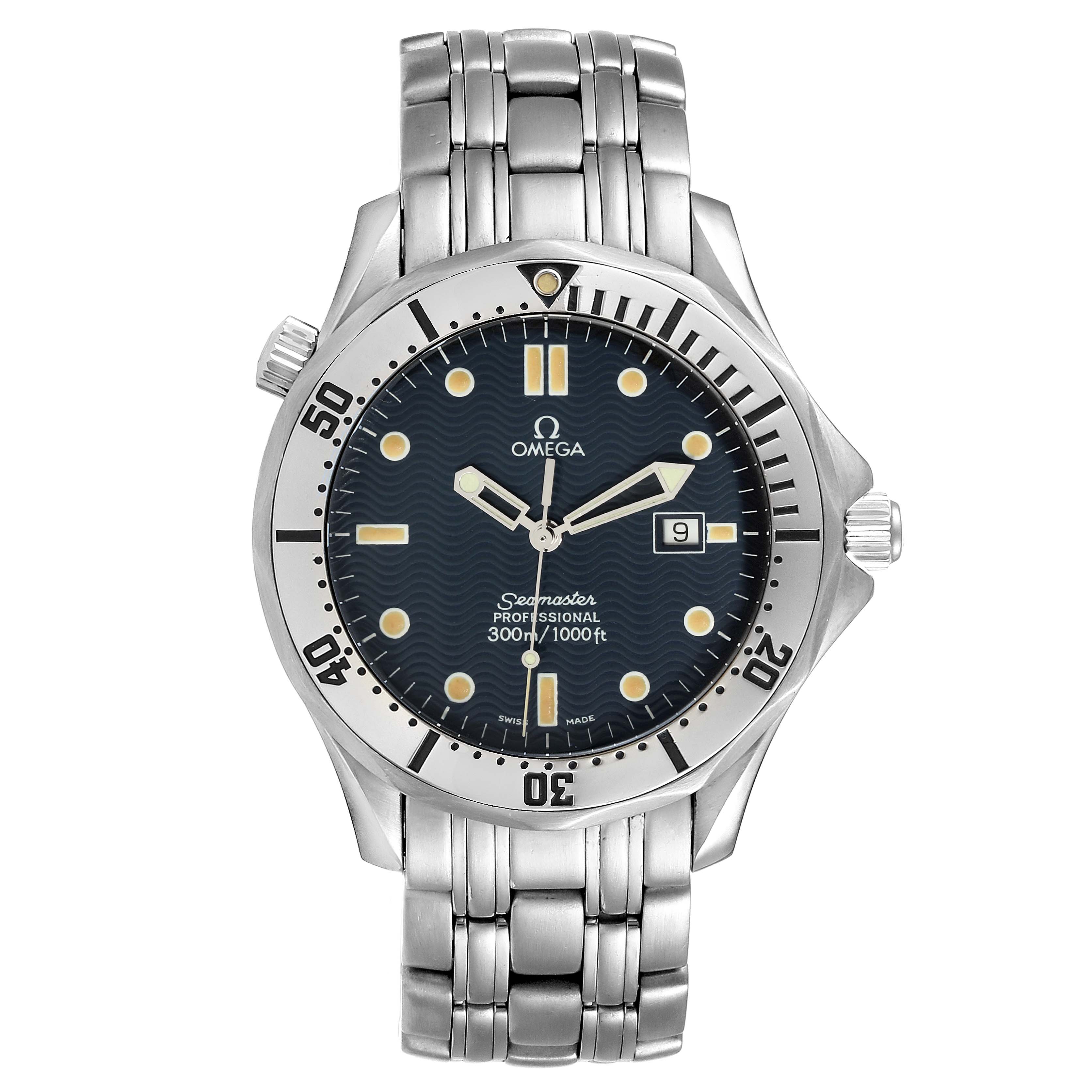 This Omega Seamaster 2542.80.00 Men
s Stainless Steel Blue Dial 2542.80.00 Men
s Stainless Steel Blue Dial watch is shown from the front, displaying its face, bezel, and stainless steel bracelet.