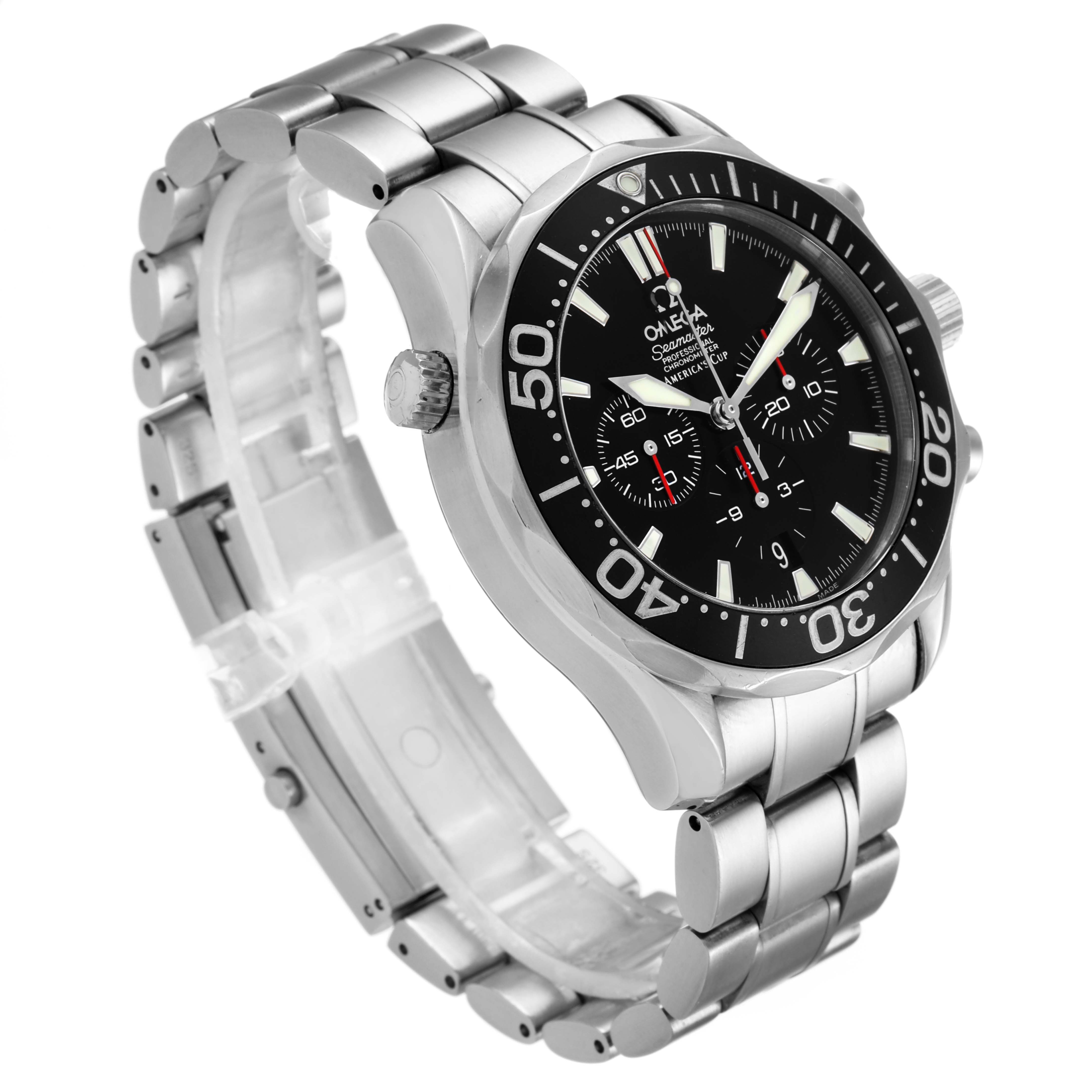 The image shows an Omega Seamaster 2594.50.00 Men
s Stainless Steel Black Dial 2594.50.00 Men
s Stainless Steel Black Dial watch at a three-quarter angle, highlighting its stainless steel bracelet, bezel, and dial.