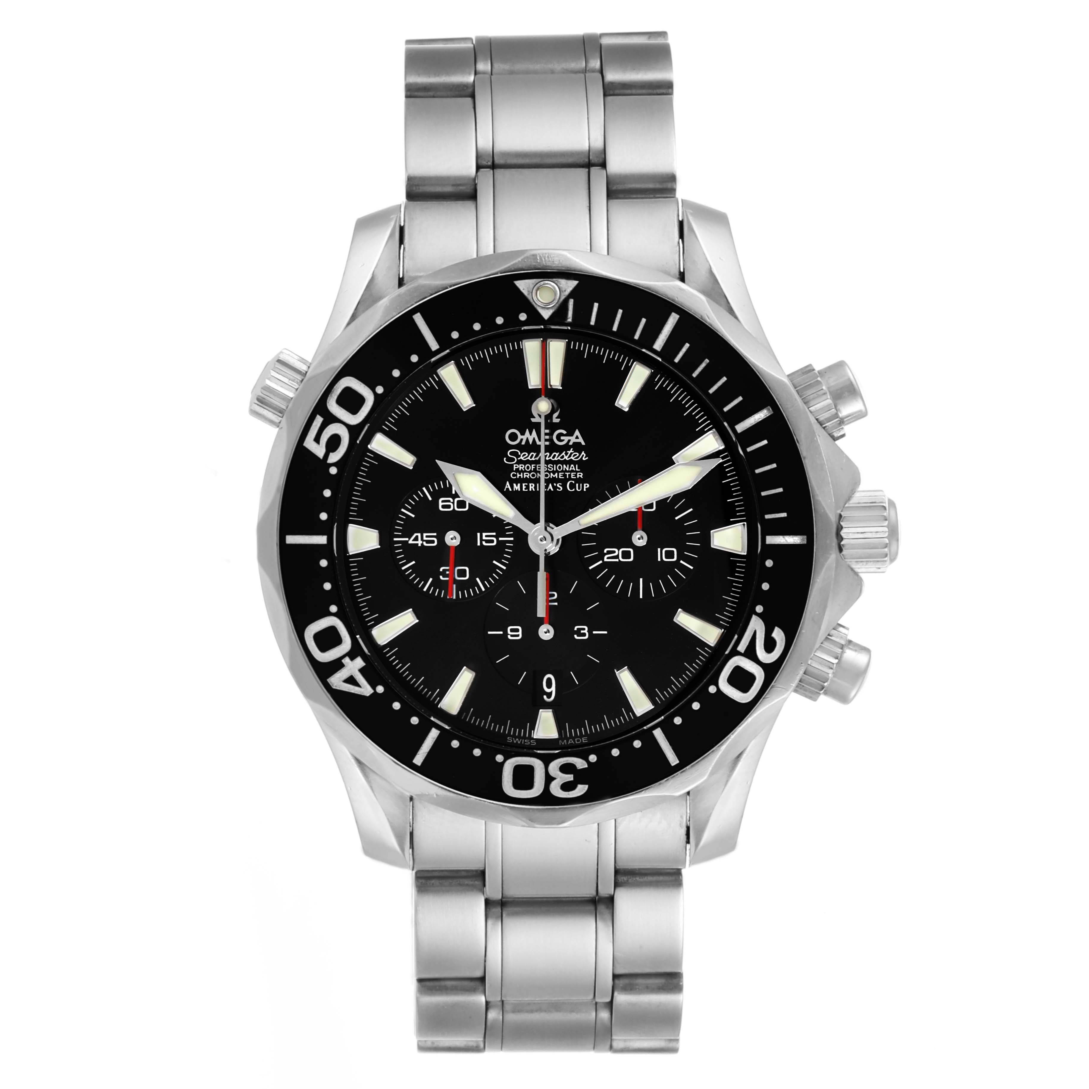 This Omega Seamaster 2594.50.00 Men
s Stainless Steel Black Dial 2594.50.00 Men
s Stainless Steel Black Dial watch is shown from a front angle, displaying its dial, bezel, and stainless steel bracelet.