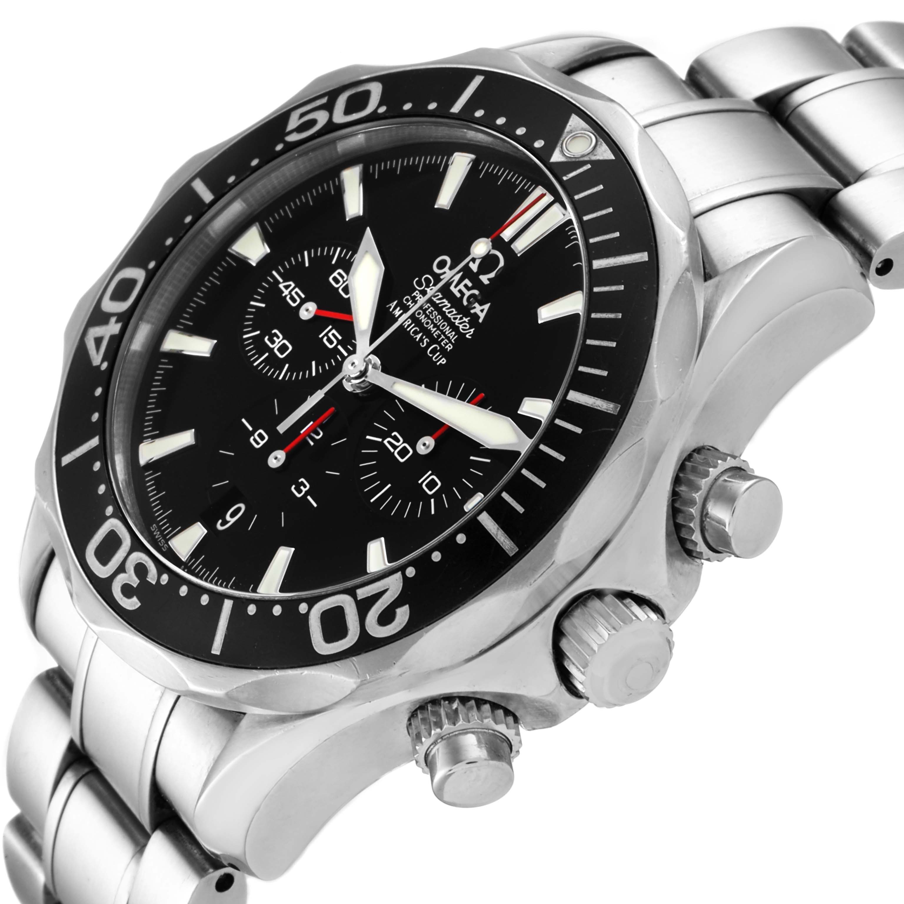 The image shows an angled view of the Omega Seamaster 2594.50.00 Men
s Stainless Steel Black Dial 2594.50.00 Men
s Stainless Steel Black Dial watch, focusing on the dial, bezel, and side buttons.