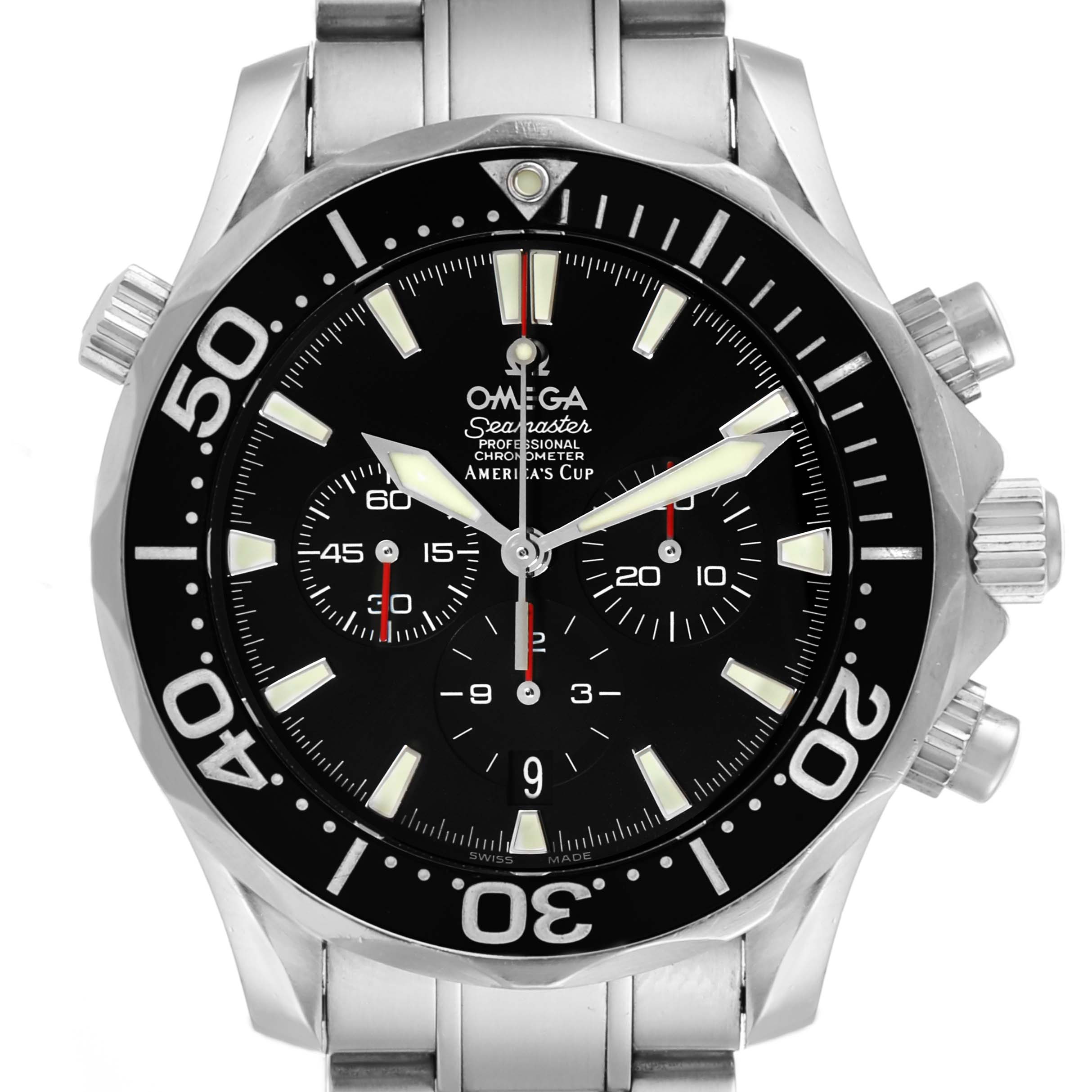 The image shows a front view of an Omega Seamaster 2594.50.00 Men
s Stainless Steel Black Dial 2594.50.00 Men
s Stainless Steel Black Dial watch, highlighting its face, bezel, and bracelet.