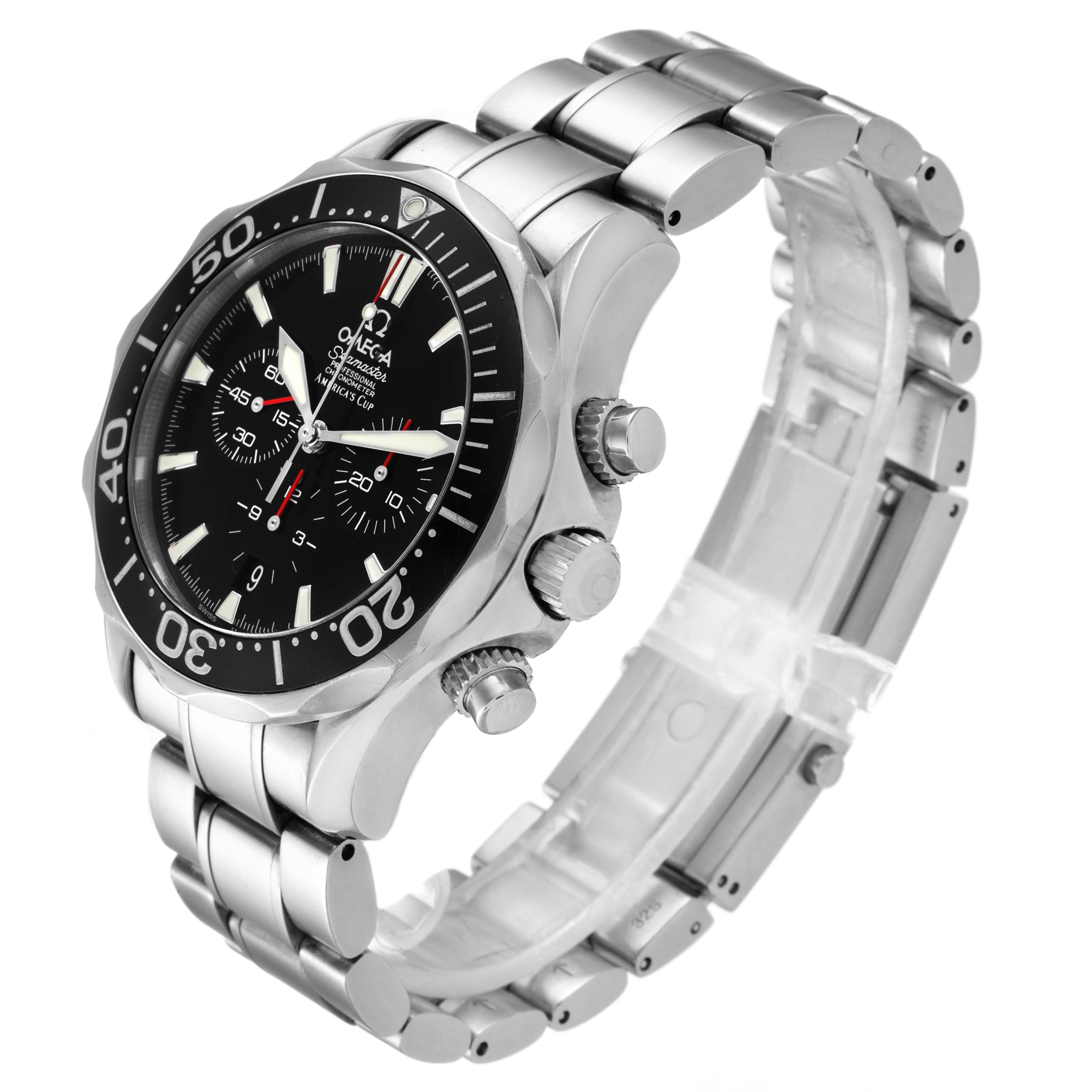 The Omega Seamaster 2594.50.00 Men
s Stainless Steel Black Dial 2594.50.00 Men
s Stainless Steel Black Dial watch is shown at a side angle, highlighting the dial, crown, pushers, and the stainless steel bracelet.