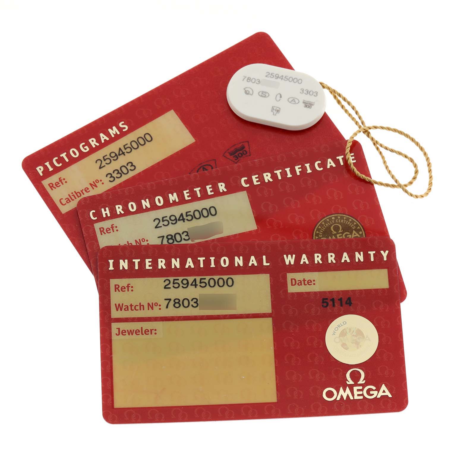 The image shows Omega Seamaster 2594.50.00 Men
s Stainless Steel Black Dial 2594.50.00 Men
s Stainless Steel Black Dial model
s warranty cards, pictograms card, chronometer certificate, and a tag.