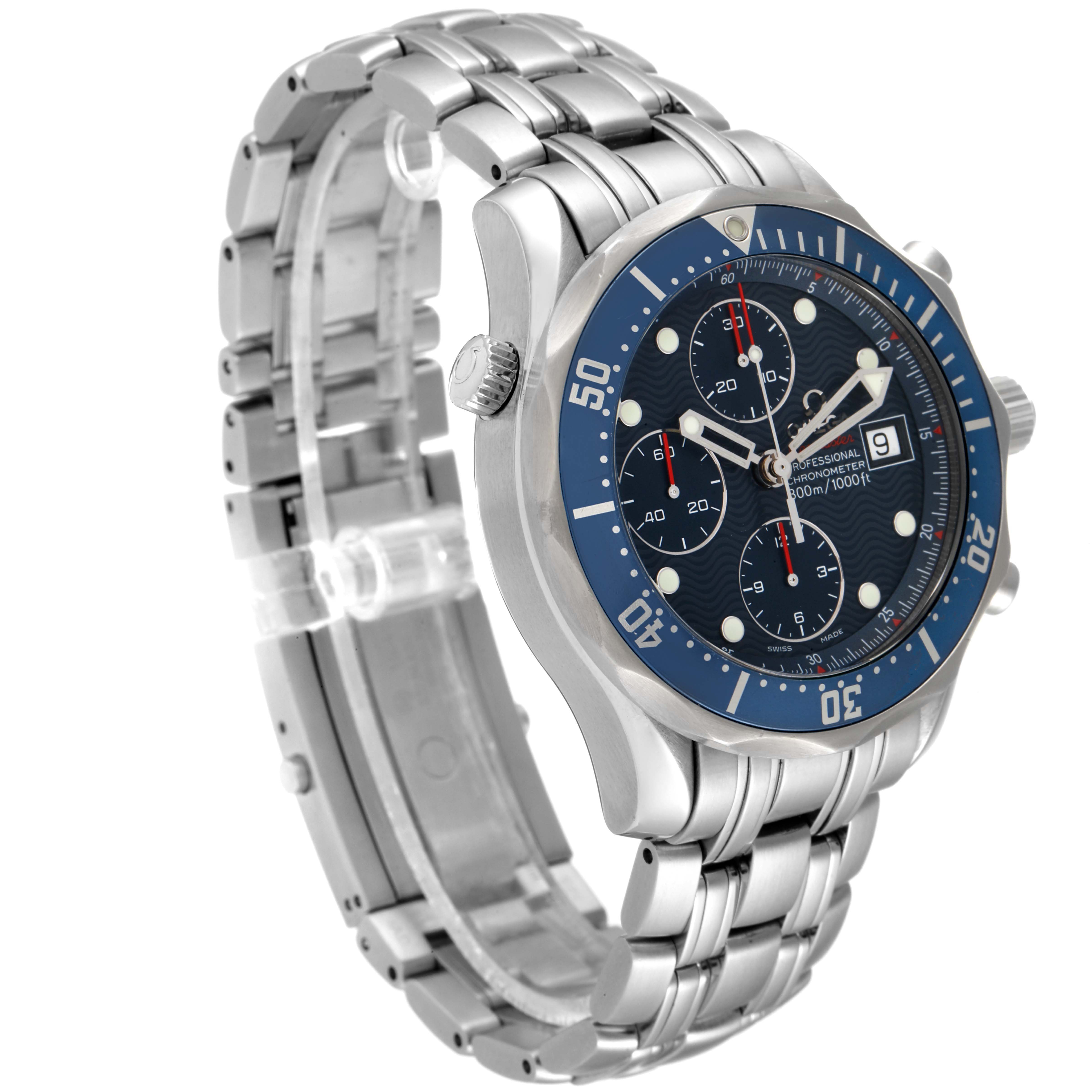 This image shows a side angle of the Omega Seamaster 2225.80.00 Men's Stainless Steel Blue Dial 2225.80.00 Men's Stainless Steel Blue Dial watch, highlighting the face, bezel, crown, and metal bracelet.