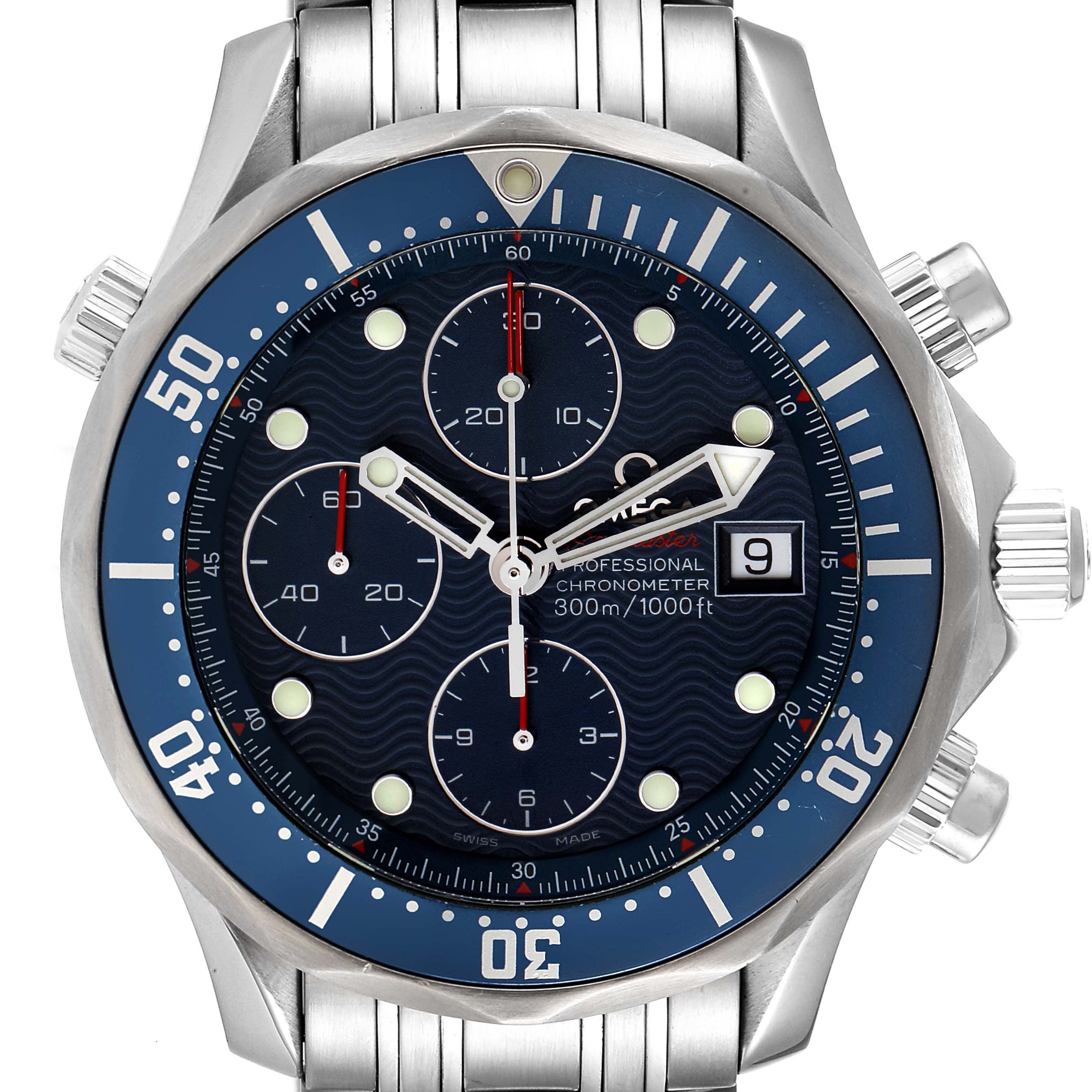The image shows a front view of the Omega Seamaster 2225.80.00 Men's Stainless Steel Blue Dial 2225.80.00 Men's Stainless Steel Blue Dial Professional Chronometer watch, displaying its face, dials, and stainless steel band.