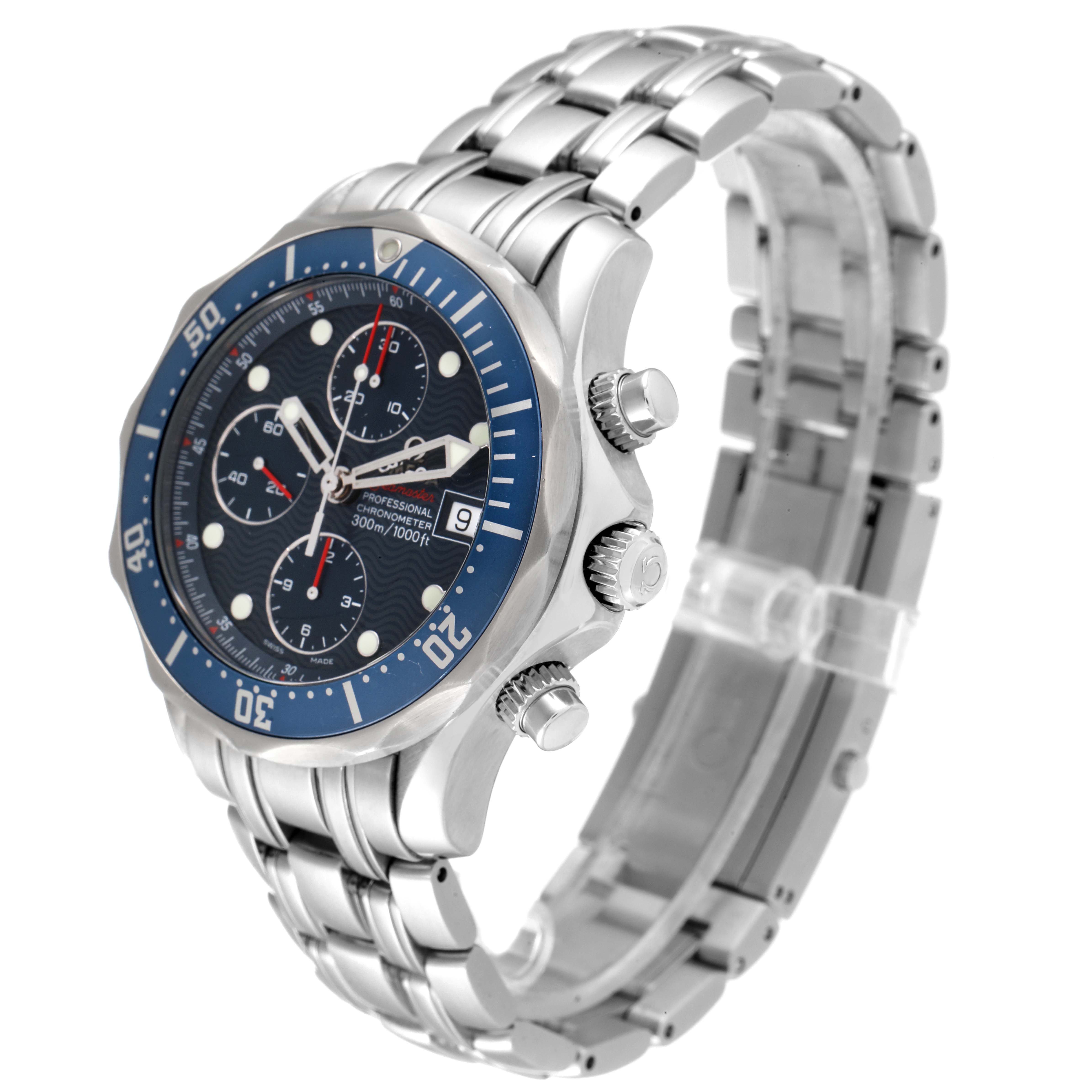 The Omega Seamaster 2225.80.00 Men's Stainless Steel Blue Dial 2225.80.00 Men's Stainless Steel Blue Dial watch is shown at an angle, highlighting its face, bezel, crown, and stainless steel bracelet.
