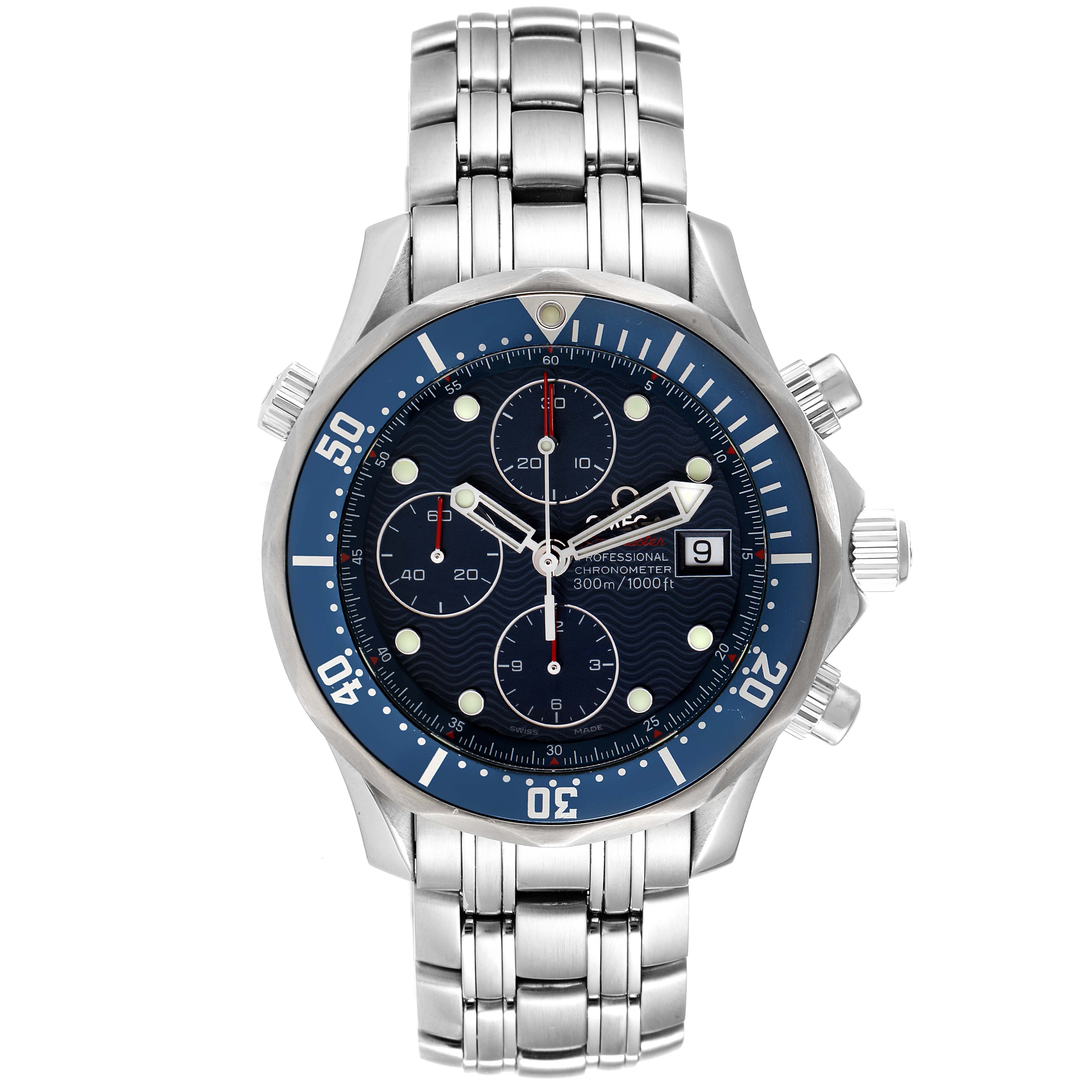 This image shows a front angle of an Omega Seamaster 2225.80.00 Men's Stainless Steel Blue Dial 2225.80.00 Men's Stainless Steel Blue Dial watch, highlighting its face, bezel, crown, and bracelet.