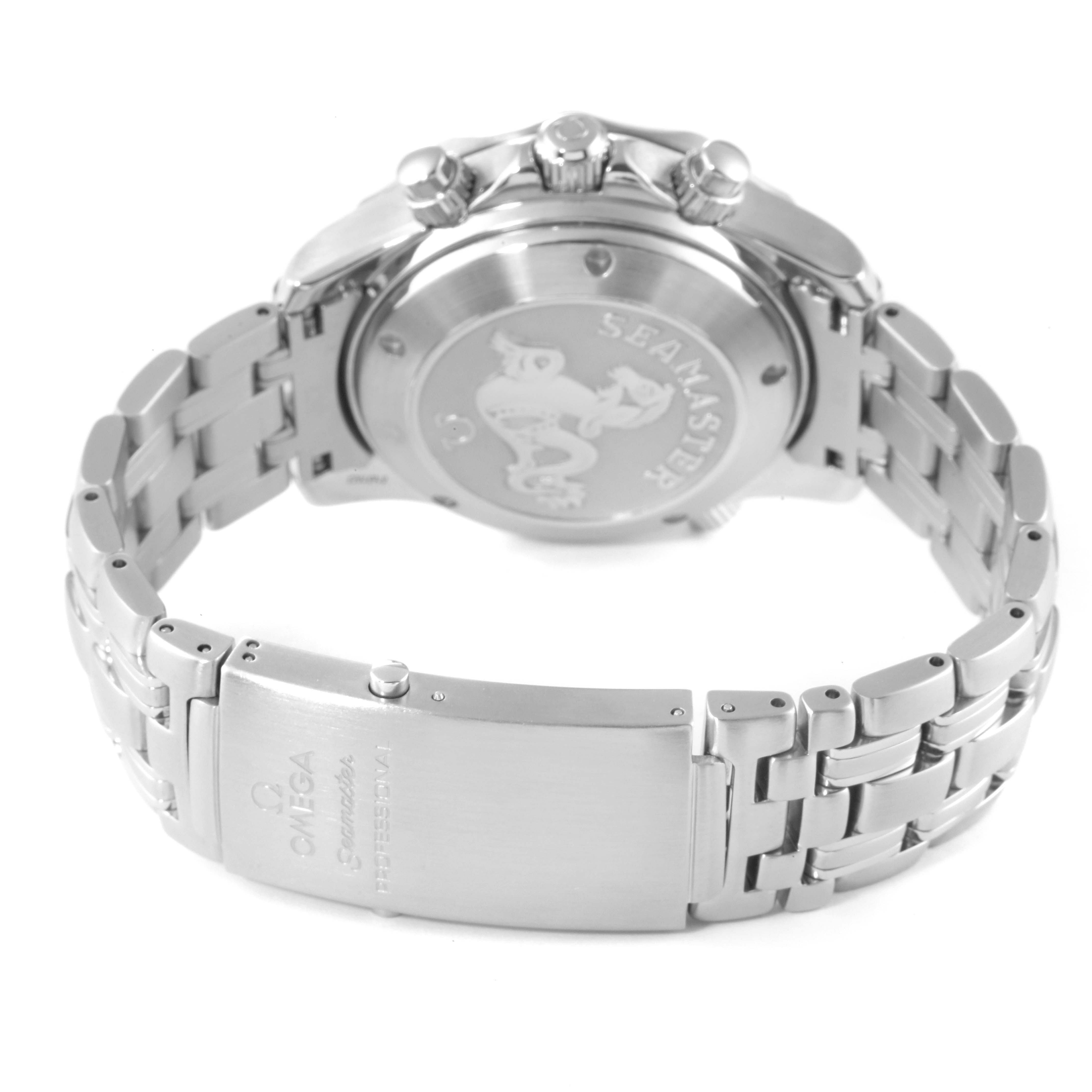 The image shows the rear view of an Omega Seamaster 2225.80.00 Men's Stainless Steel Blue Dial 2225.80.00 Men's Stainless Steel Blue Dial watch, highlighting the clasp, case back, and bracelet.