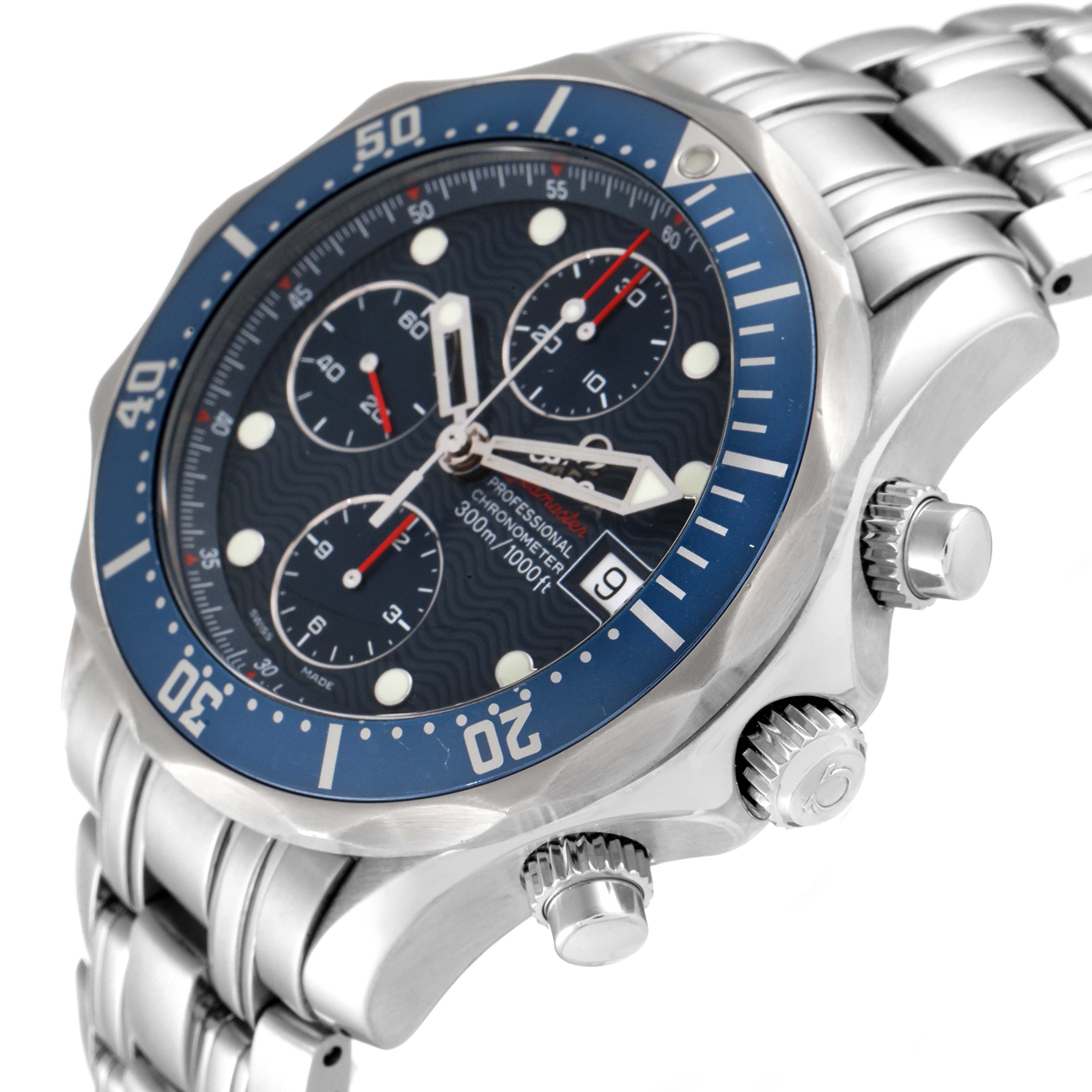 This Omega Seamaster 2225.80.00 Men's Stainless Steel Blue Dial 2225.80.00 Men's Stainless Steel Blue Dial watch is shown at an angle highlighting the bezel, crown, pushers, and part of the bracelet.