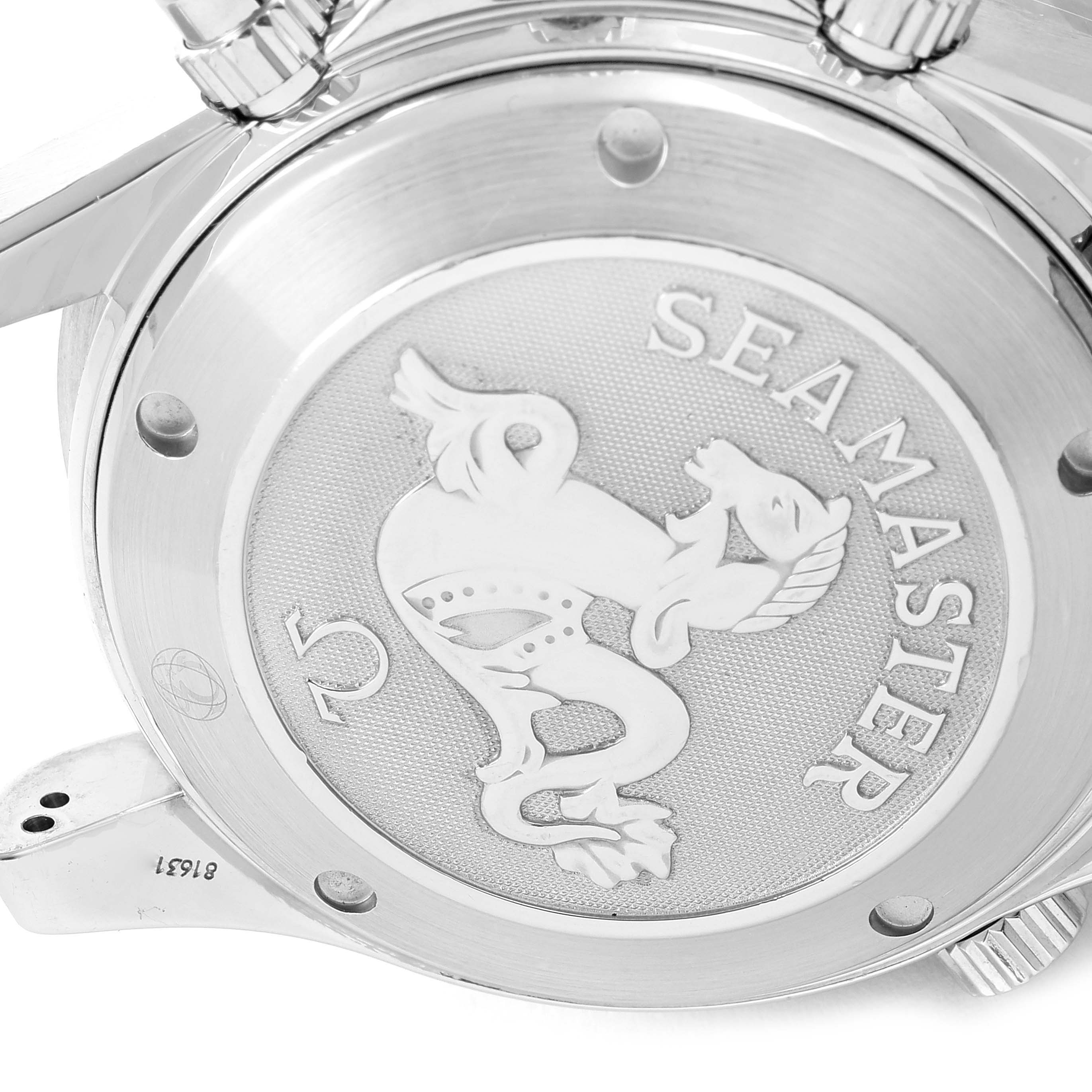 The image shows the Omega Seamaster 2225.80.00 Men's Stainless Steel Blue Dial 2225.80.00 Men's Stainless Steel Blue Dial's case back with the engraved logo and text.