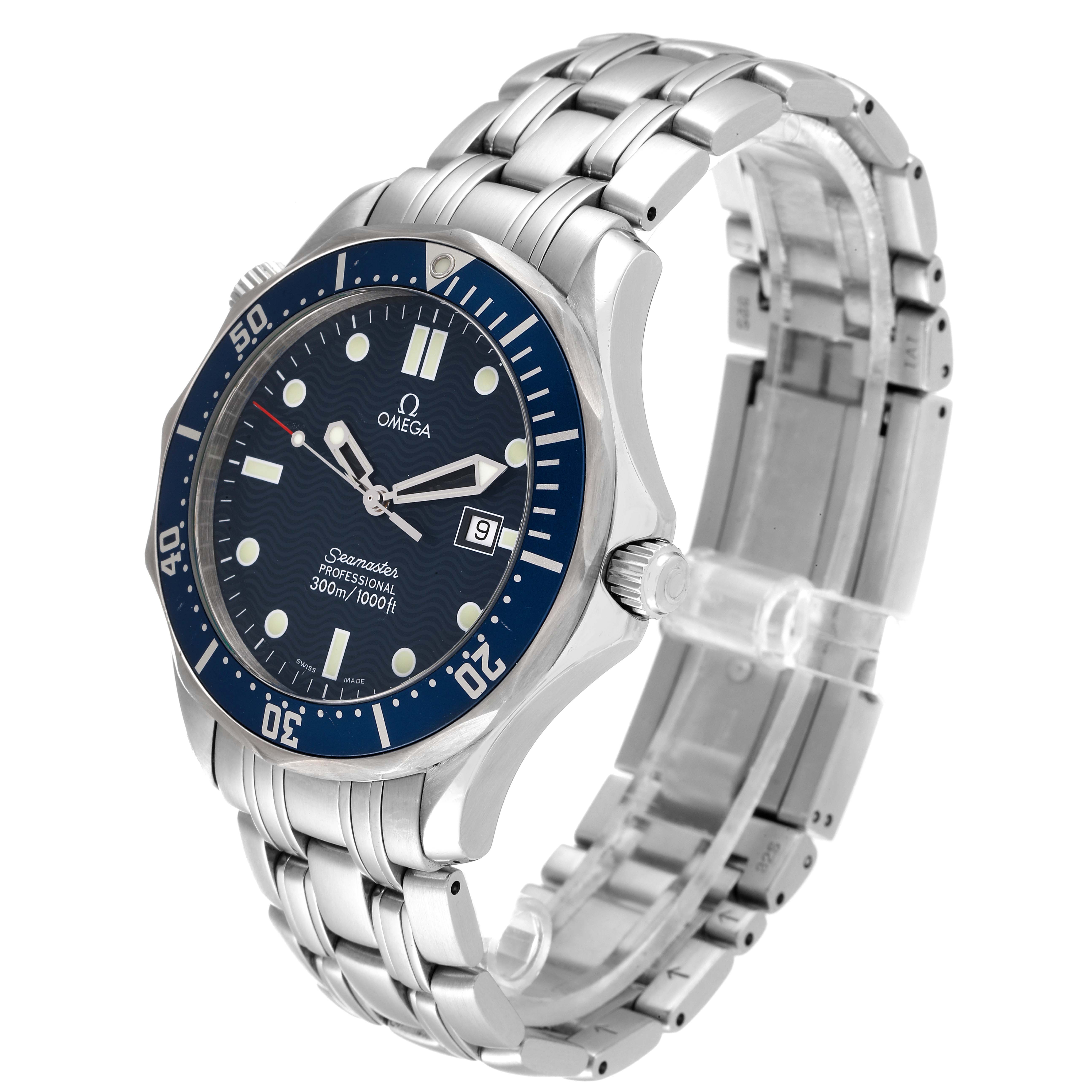 The Omega Seamaster 2541.80.00 Men's Stainless Steel Blue Dial 2541.80.00 Men's Stainless Steel Blue Dial watch is shown at an angle highlighting its face, bezel, crown, and stainless steel bracelet.